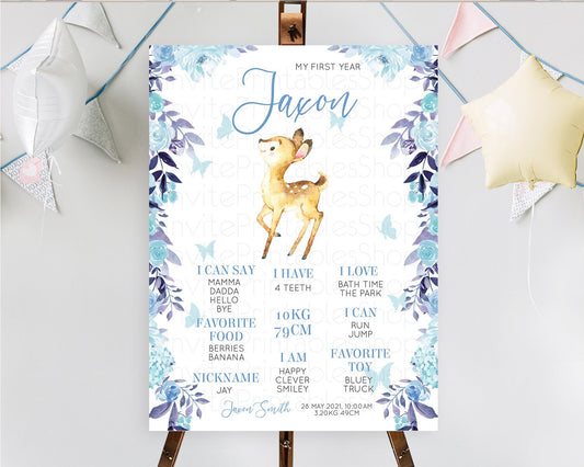 Fawn First Birthday Milestone Board Deer First Birthday Milestone Poster Enchanted Forest Butterfly Pastel Flowers 1st Birthday Sign D10917