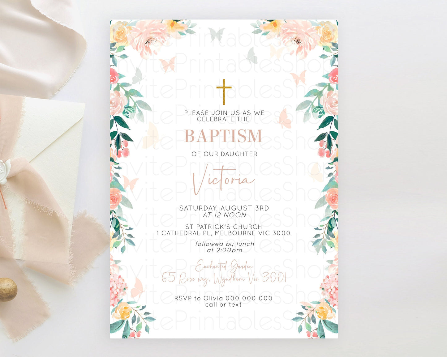 Secret Garden Baptism Invitation Wildflower Baptism Birthday Invite Pastel Flowers Christening Invite Enchanted Garden Boho Floral  D10706