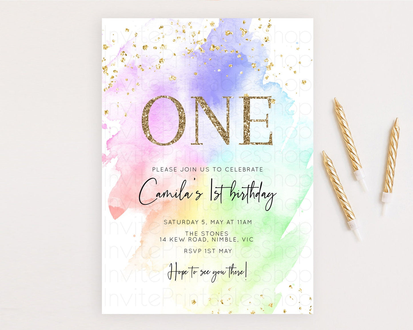 Rainbow Birthday Invitation Colorful Pastel Watercolor Invitation Gold Glitter Sprinkles Ombre Pastel 1st 2nd 3rd Birthday D10316
