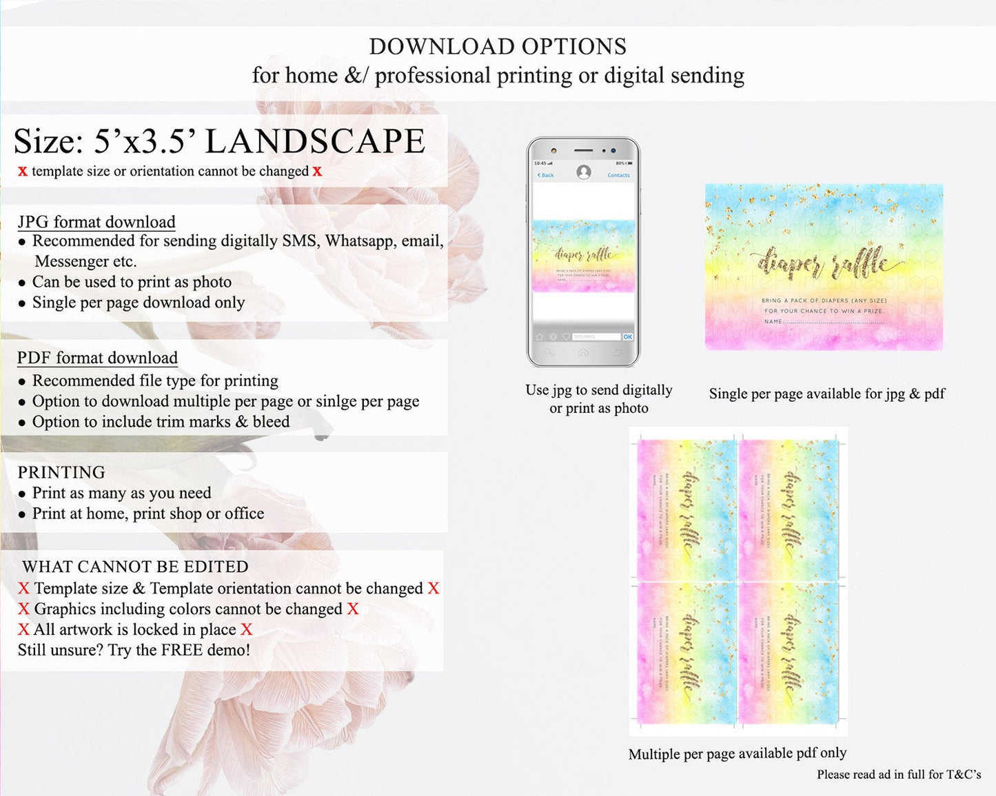 Pastel Diaper Raffle Card Pastel Rainbow Diaper Raffle Insert Colorful Ombre Watercolor Diaper Ticket Confetti Glitter Raffle Game D10479