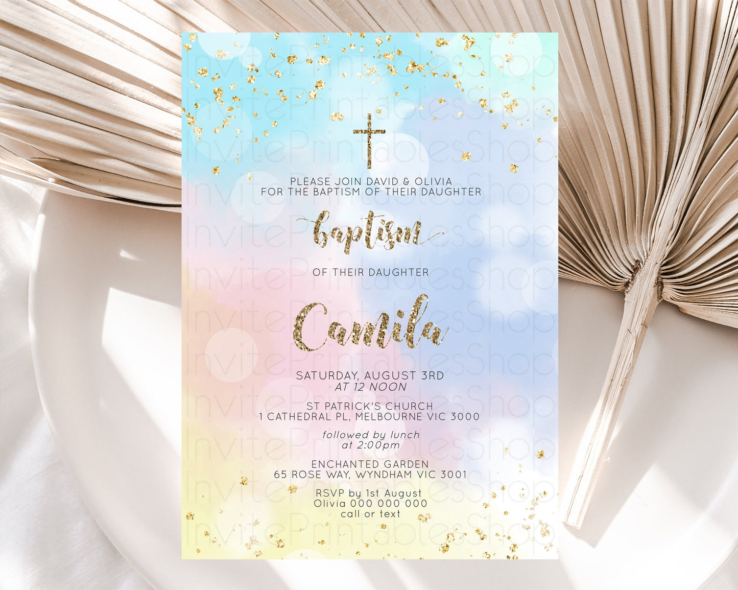 Pastel Baptism Invitation Pastel Colors Watercolor Baptism 1st Birthday Party Gold Ombre Pastel Rainbow Christening Holy Communion D10367