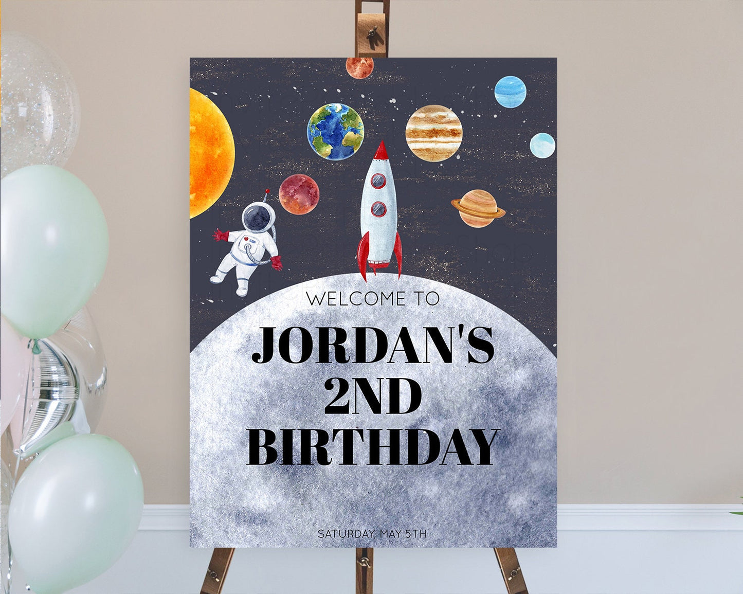 Space Birthday Welcome Sign Space Welcome Board First Trip Around the Sun Welcome Poster Planets Solar System ONE year Birthday Sign D10430