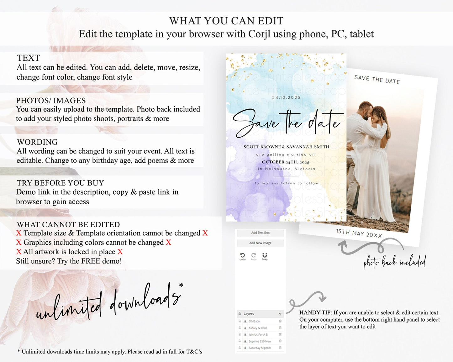 Pastel Save The Date Template Pastel Ombre Rainbow Watercolor Colorful Party For Birthday Baptism Baby Shower Wedding Bridal Shower D10208