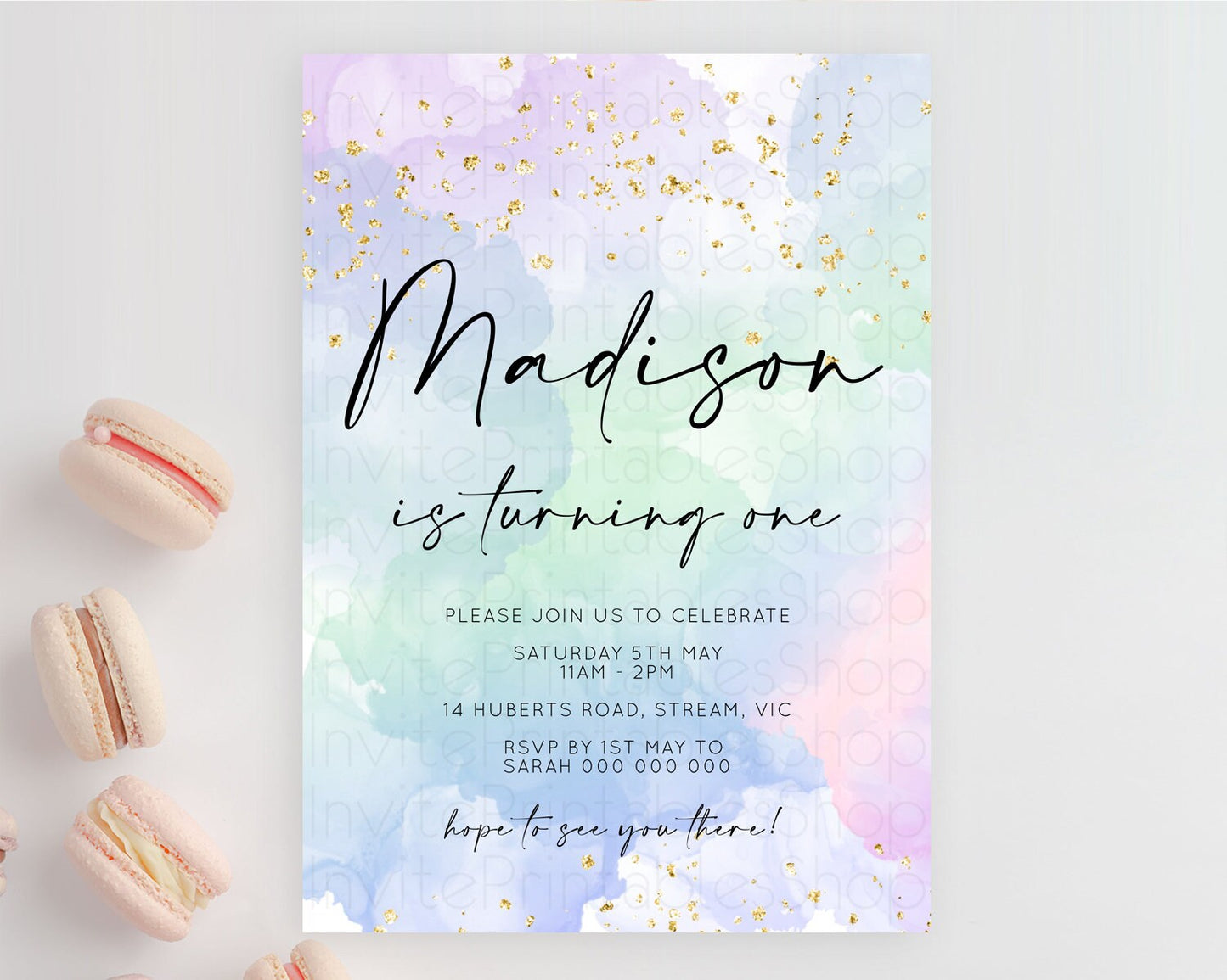 Rainbow Birthday Invitation Colorful Pastel Watercolor Invitation Gold Glitter Sprinkles Ombre Pastel 1st 2nd 3rd Birthday D10624