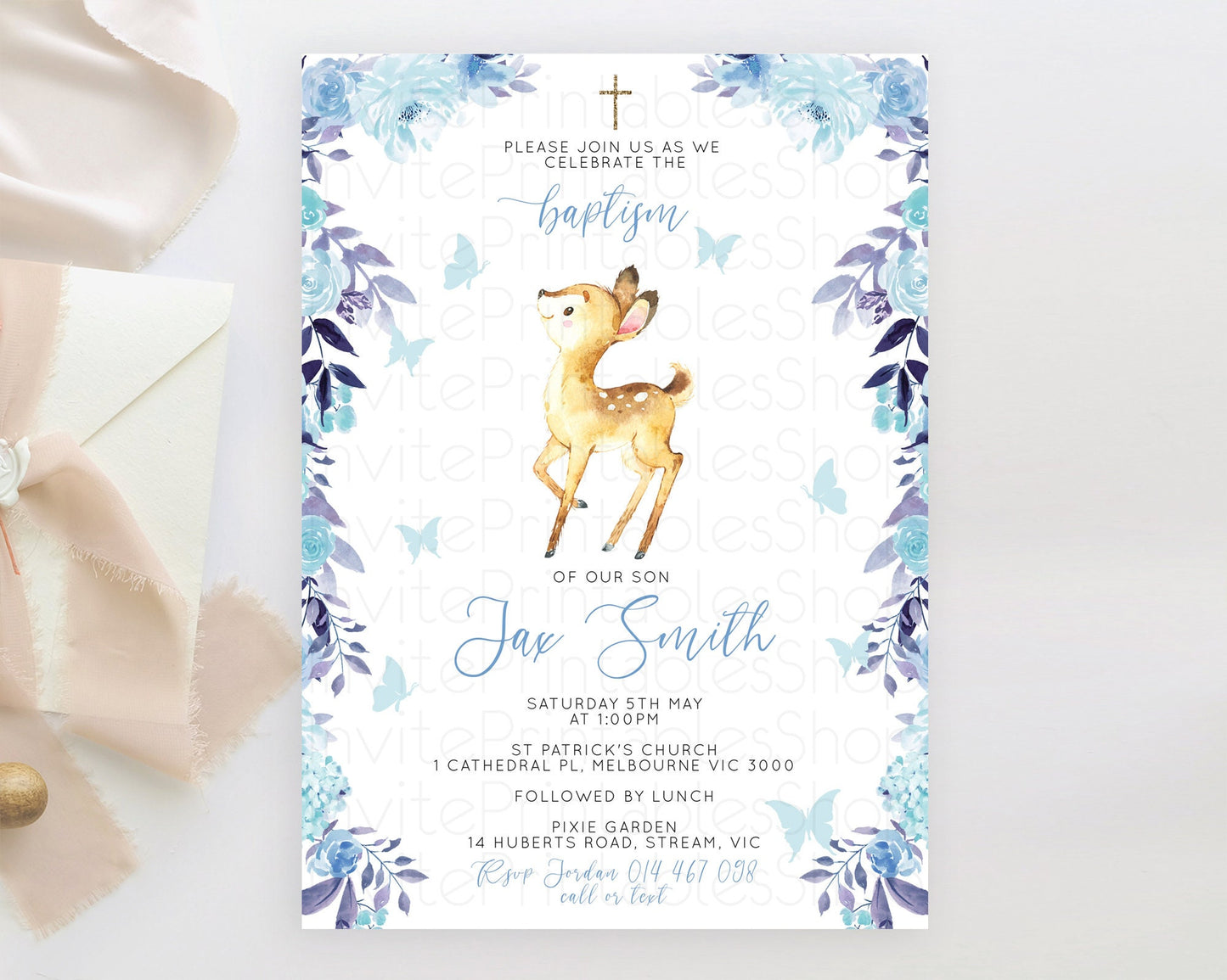 Fawn Baptism Invitation Deer Baptism 1st Birthday Invitation Enchanted Forest Christening Invitation Pastel Garden Butterfly Floral D10917