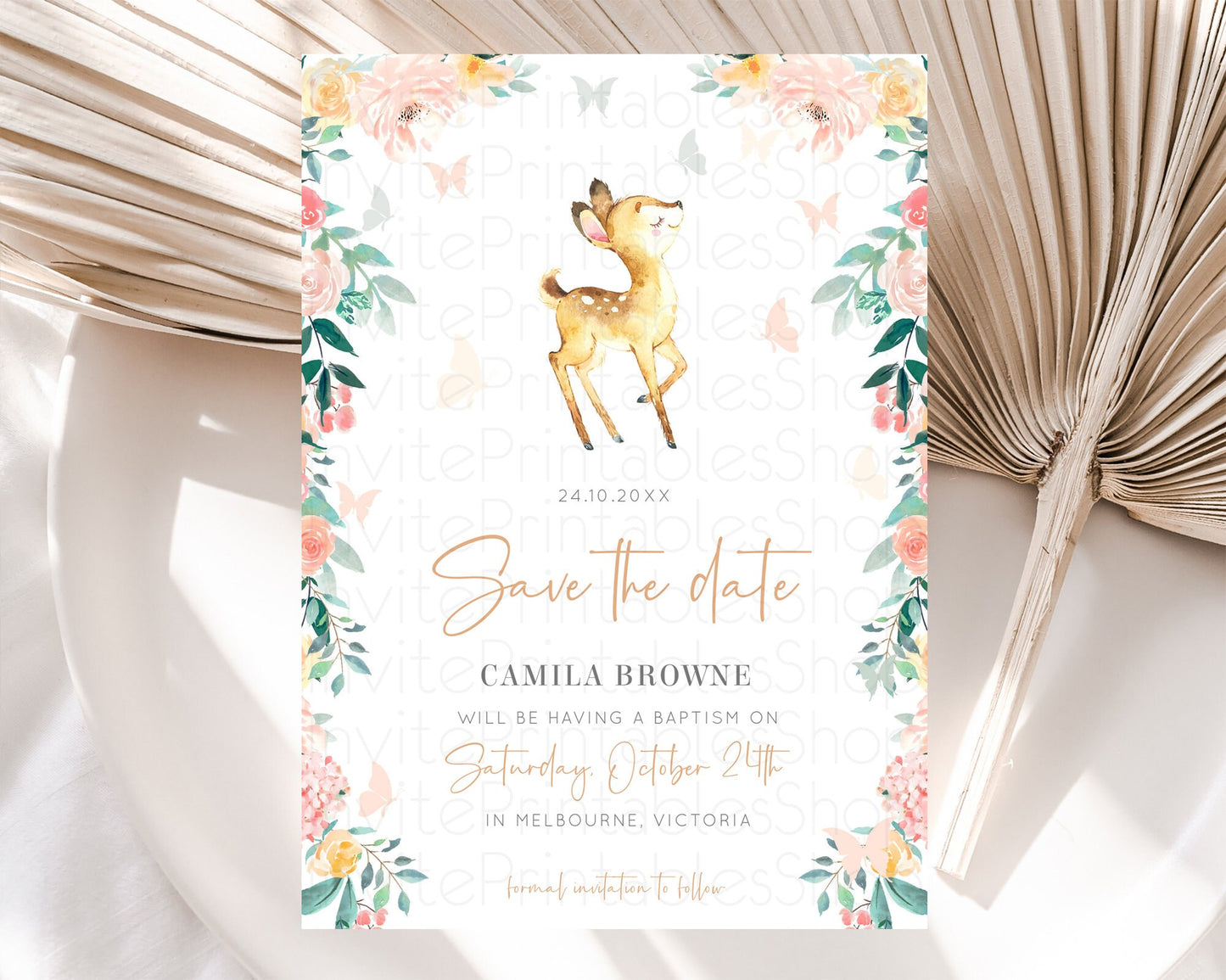 Fawn Deer Save The Date Template Pastel Floral Deer Enchanted Forest Butterfly Party 1st Birthday Baptism Baby Shower Bridal Shower D10753