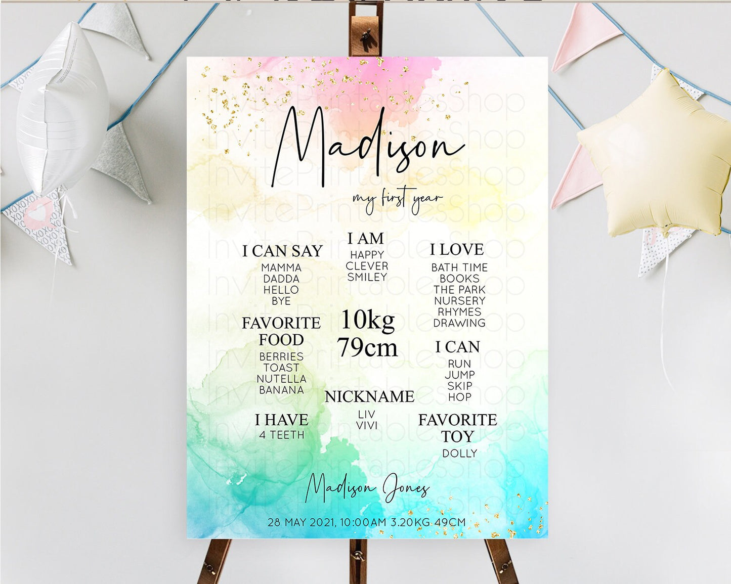 Editable Pastel First Birthday Milestone Board Pastel Rainbow Milestone Post