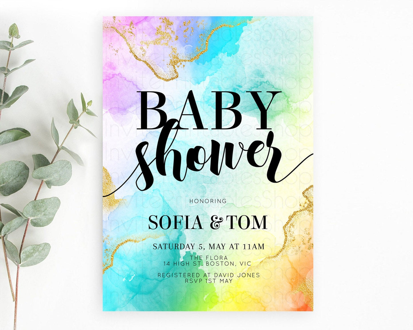 Pastel Baby Shower Invitation Rainbow Baby Shower Invitation Colorful Pastel Watercolor Invitation Gold Glitter Sprinkles Ombre D10392