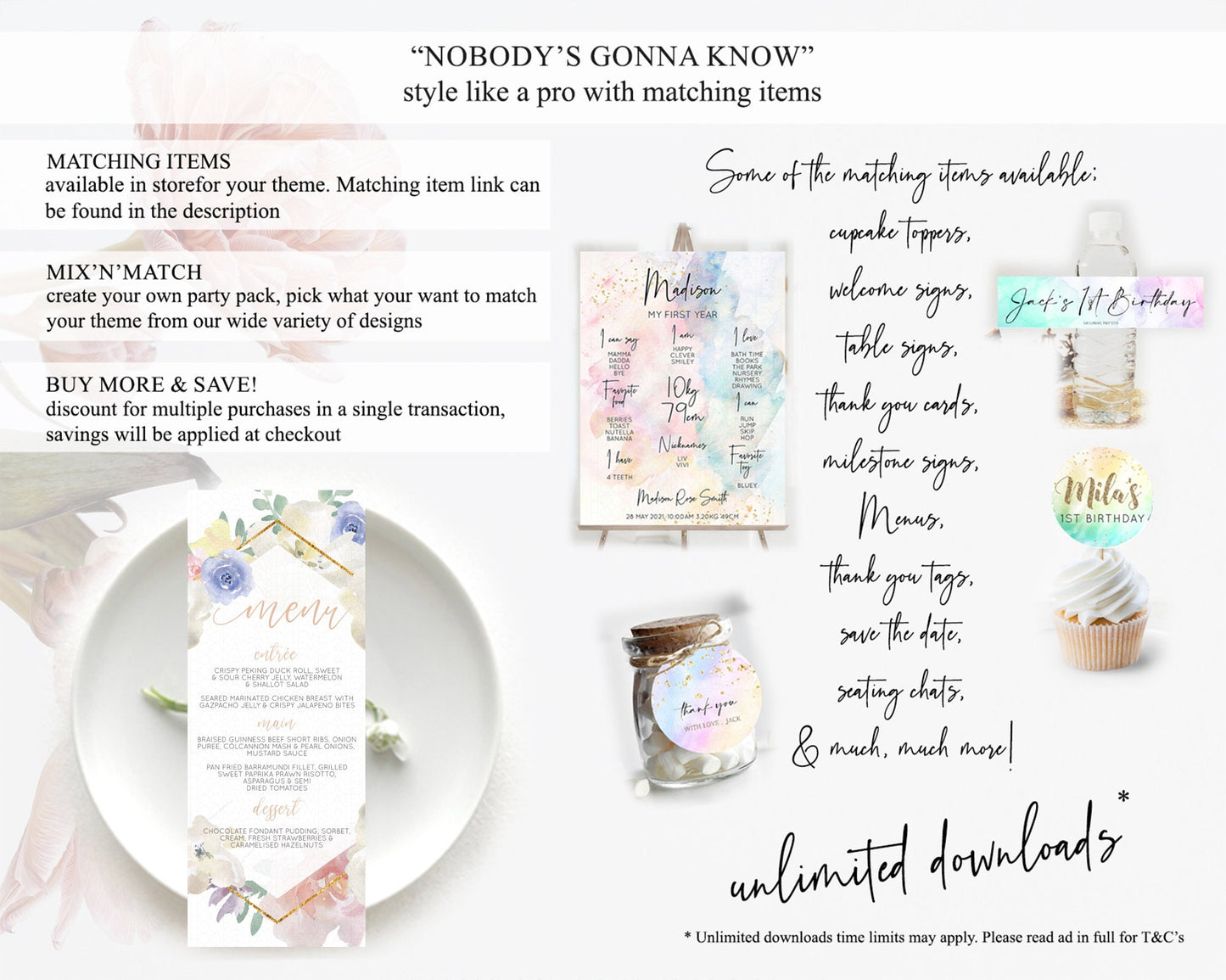 Secret Garden Menu Wildflower Menu Template Pastel Flower Garden Table Decor Boho Floral Dinner Dessert Floral Party Food Menu D10254