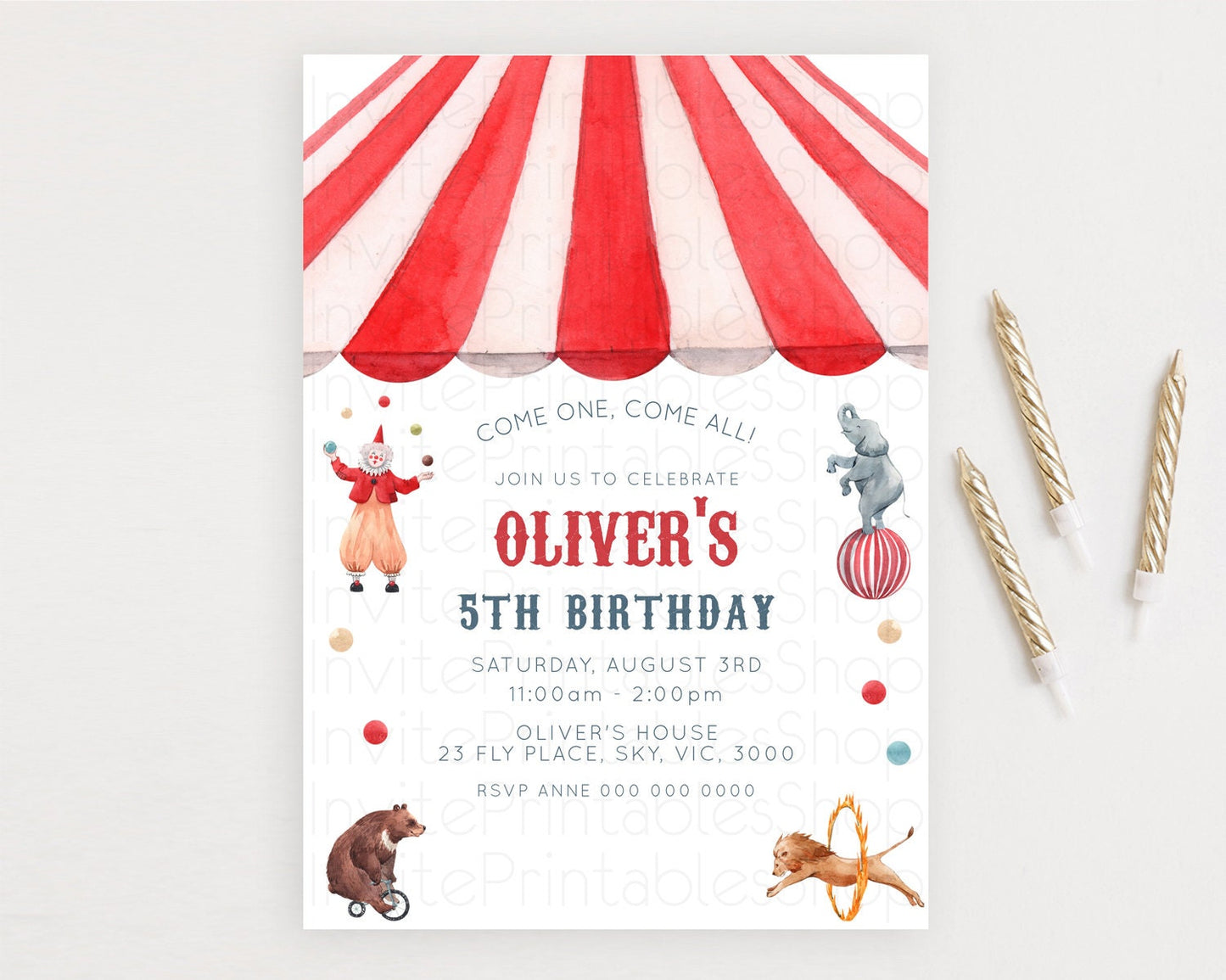 Vintage Circus Birthday Invitation | Carnival Fun | Clown, Lion, Elephant | Circus Tent Design D10533
