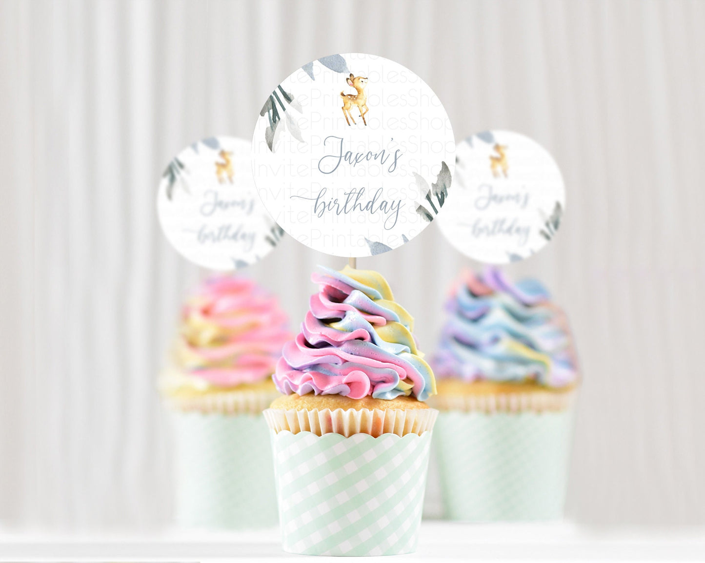 Fawn Cupcake Toppers Deer Cupcake Toppers Enchanted Forest Party Butterfly Pastel Flowers Woofland Cupcake Toppers First Birthday D10400