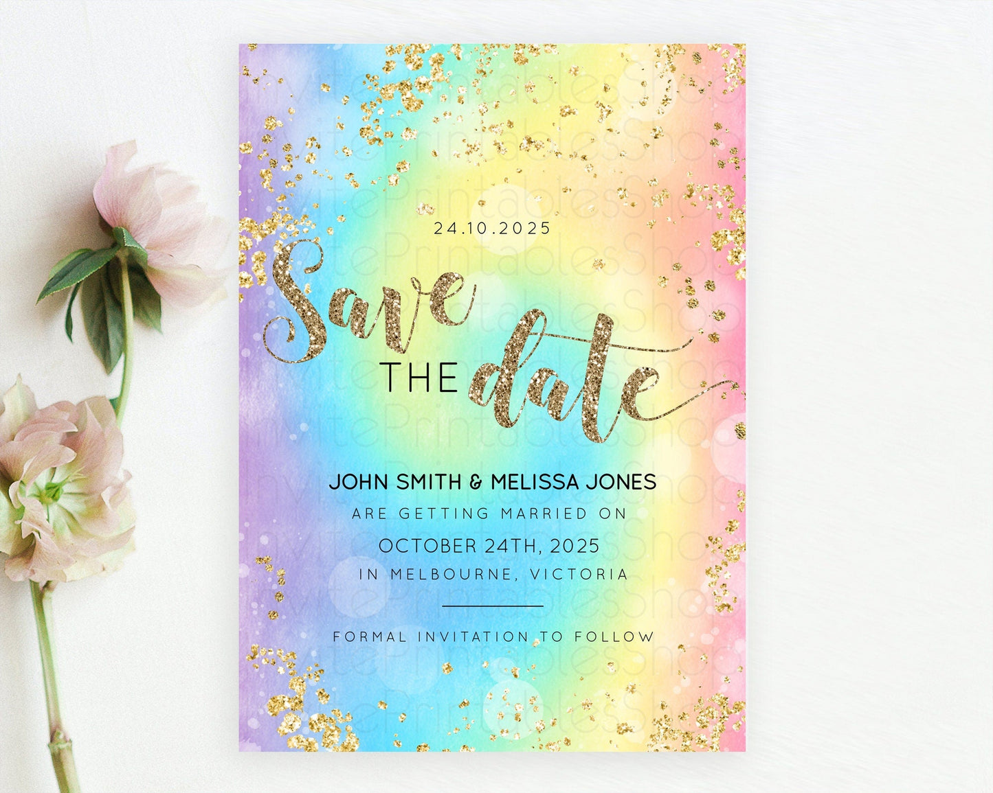 Tie Dye Save The Date Template Rainbow Pastel Ombre Watercolor Party For 1st Birthday Baptism Baby Shower Bridal Shower Wedding D10568