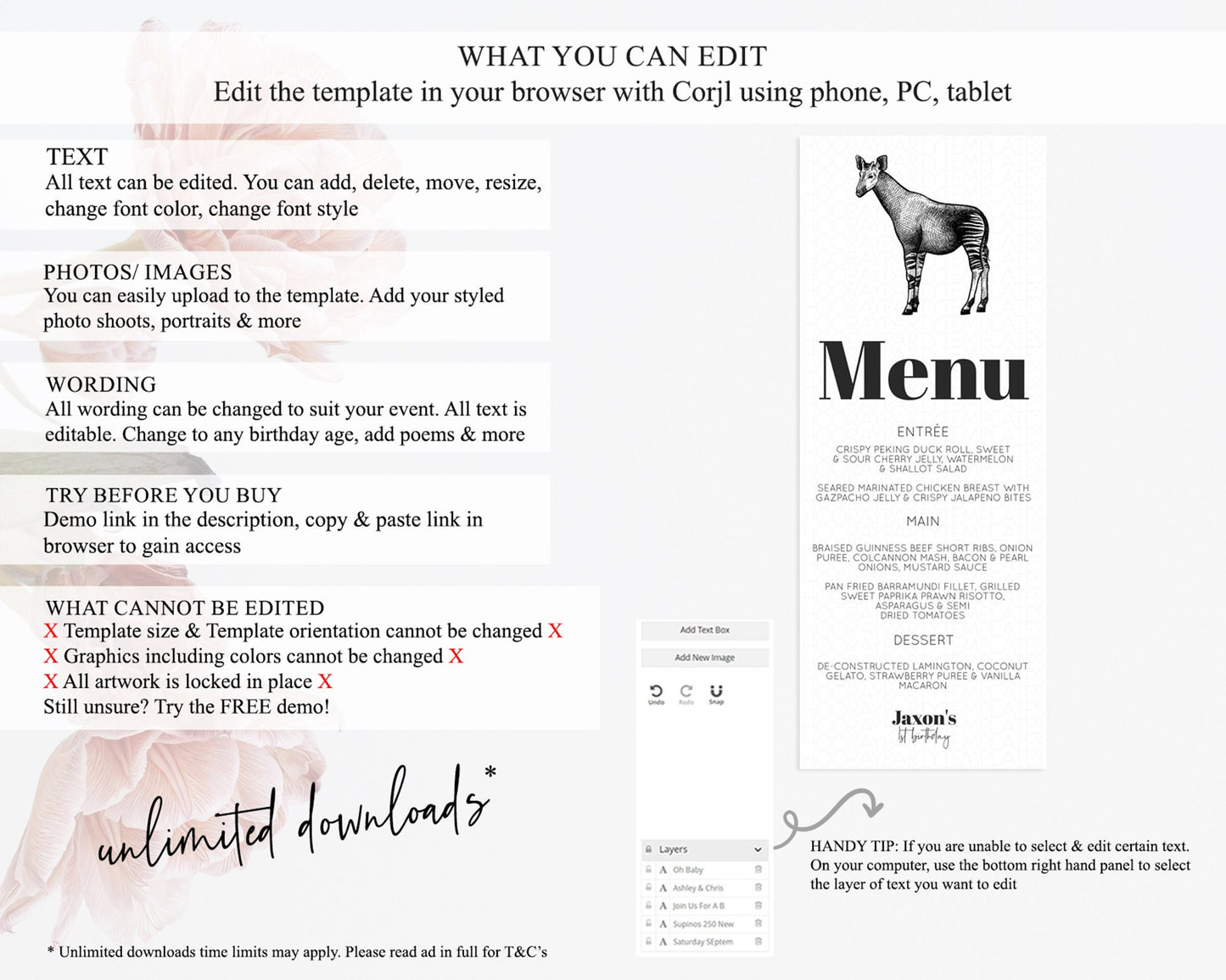 Okapi Menu Okapi Menu Template Okapi Table Decor Zoo Safari Adventure Décor Okapi Dinner Dessert Party Food Menu D10283