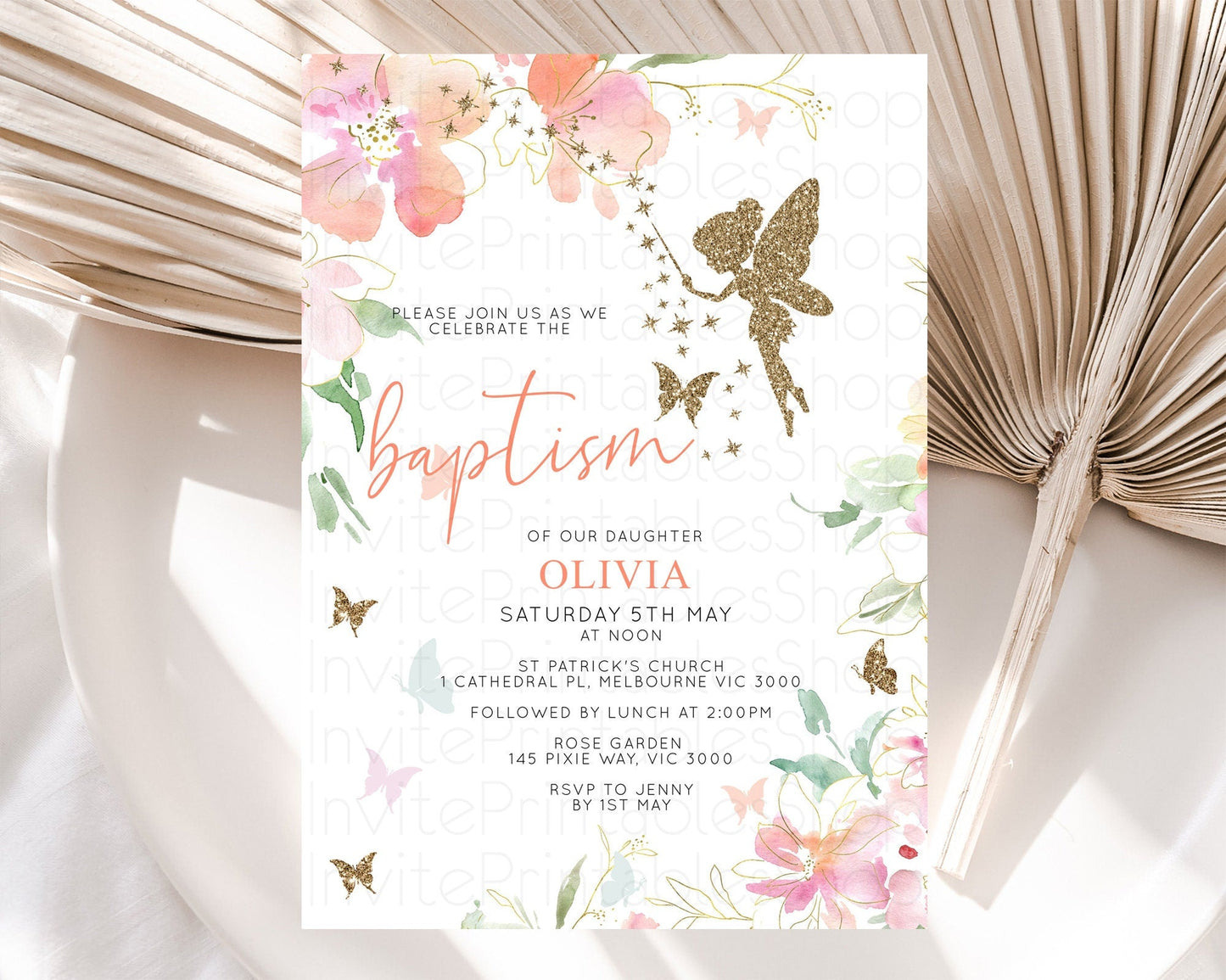 Fairy Baptism Invitation Fairy Baptism 1st Birthday Invitation Enchanted Secret Garden Christening Invite Pastel Floral Butterfly D10934
