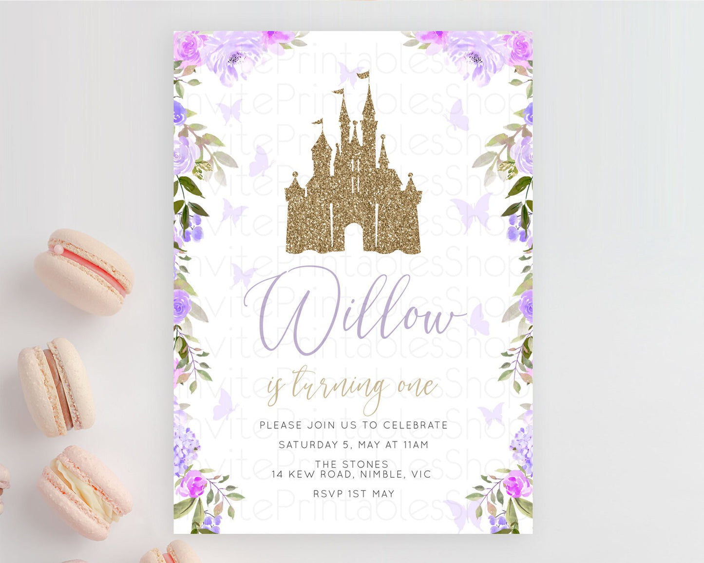 Princess Birthday Invitation Castle Invitation Royal Birthday Fairy Tale Enchanted Castle Pastel Floral Garden 1st First Birthday D10933