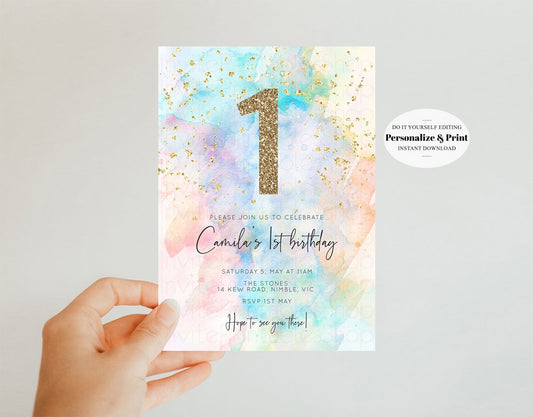 Rainbow Birthday Invitation Colorful Watercolor Gold Glitter Sprinkles Ombre Pastel Invitation 1st 2nd 3rd Printable Editable Invite 276v3