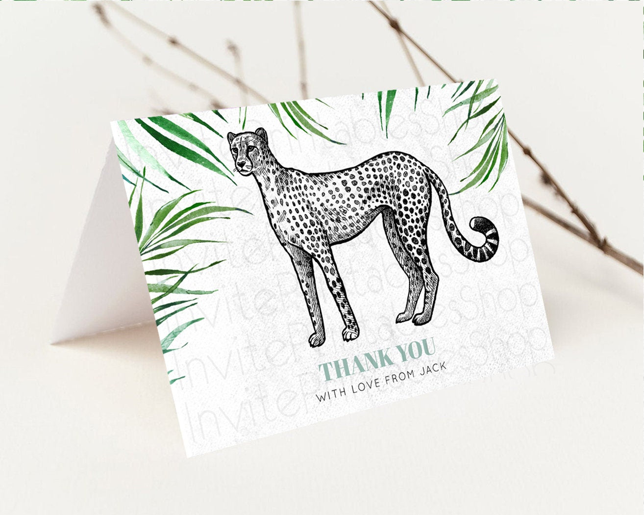 Editable Cheetah Thank You Card Tropical Palm Fern Wild One Safari Jungle Zo