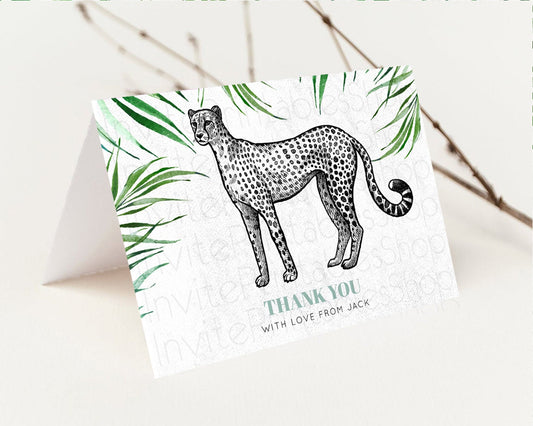 Editable Cheetah Thank You Card Tropical Palm Fern Wild One Safari Jungle Zo