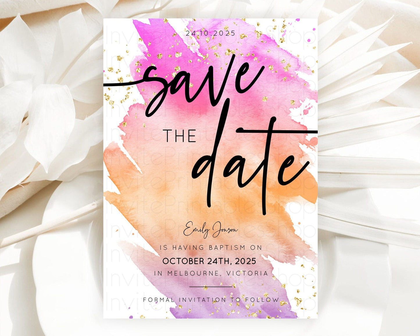 Pastel Save The Date Template Pastel Ombre Rainbow Watercolor Colorful Party For Birthday Baptism Baby Shower Wedding Bridal Shower D10488