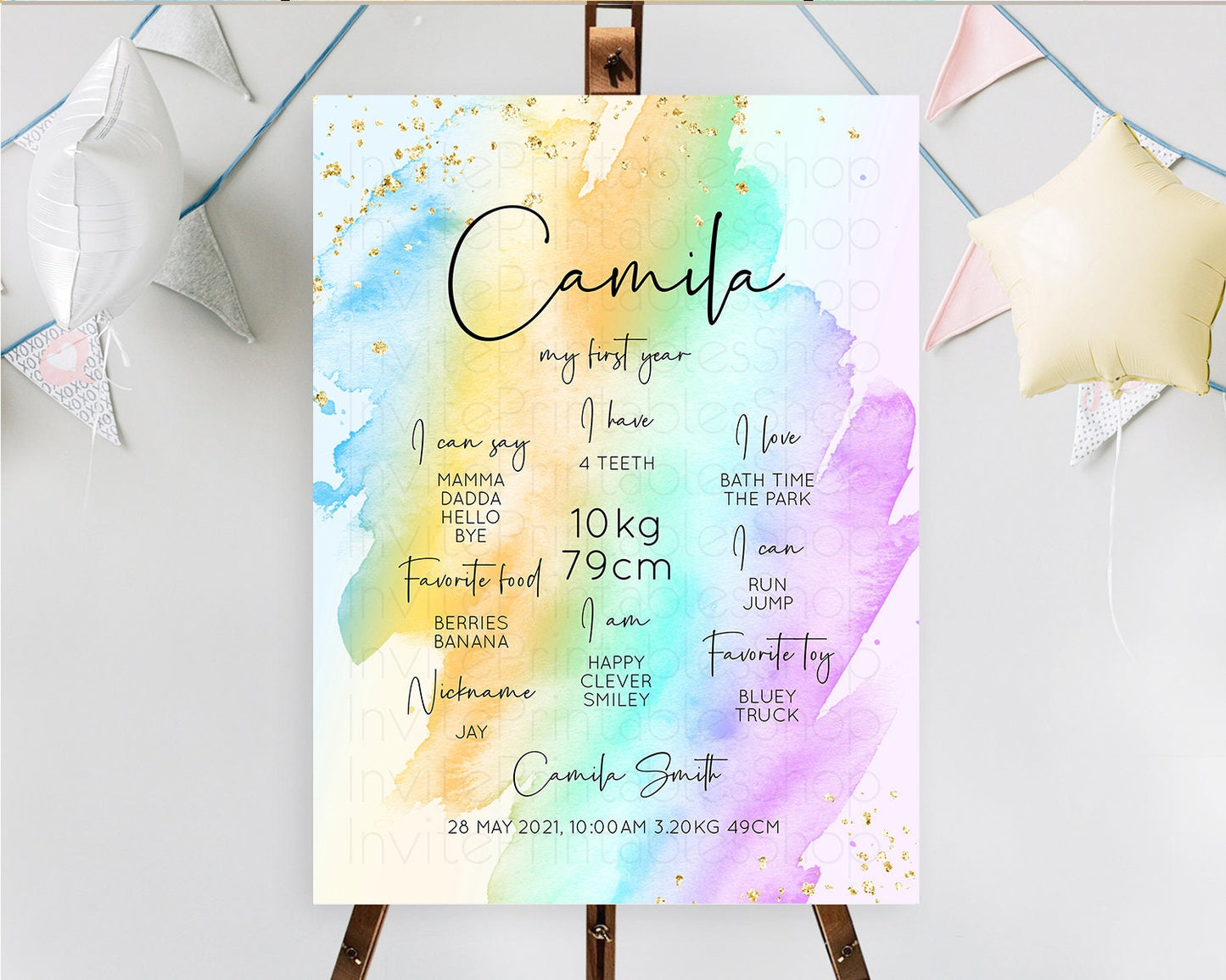 Pastel First Birthday Milestone Board Pastel Rainbow Milestone Poster Colorful Confetti Watercolor Glitter 1st Birthday Welcome Sign D10427