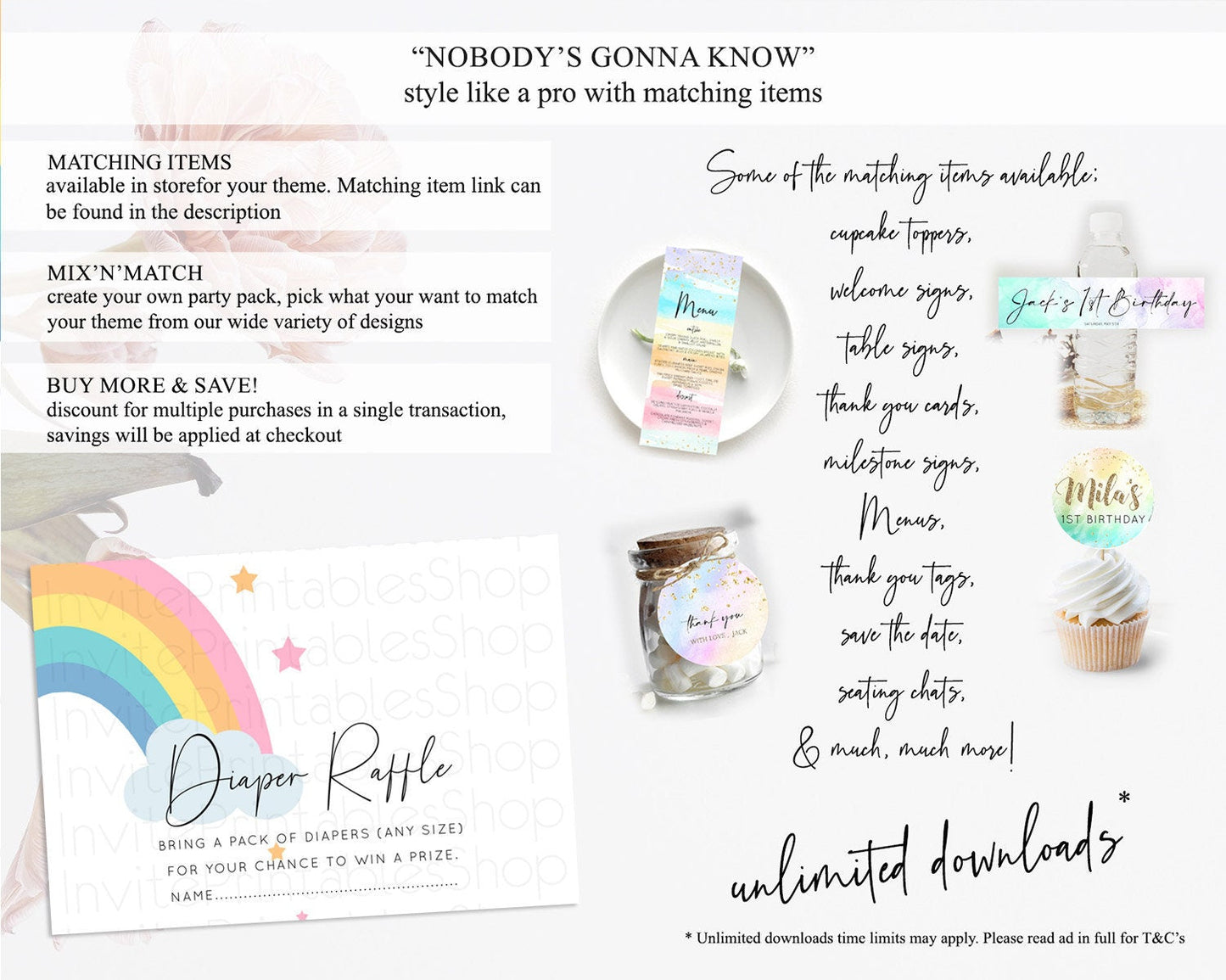 Pastel Rainbow Diaper Raffle Card Boho Rainbow Diaper Insert Boho Rainbow Diaper Ticket Pastel Watercolor Baby Shower Raffle Game D11023