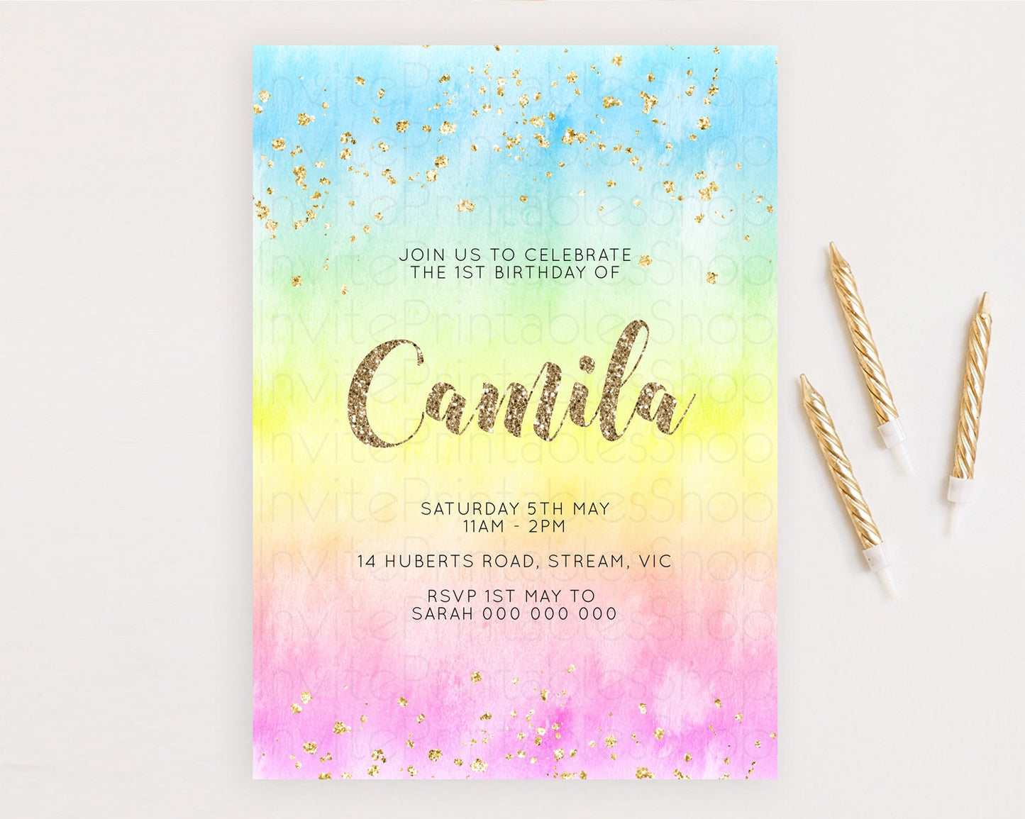 Rainbow Birthday Invitation Colorful Pastel Watercolor Invitation Gold Glitter Sprinkles Ombre Pastel 1st 2nd 3rd Birthday D10479