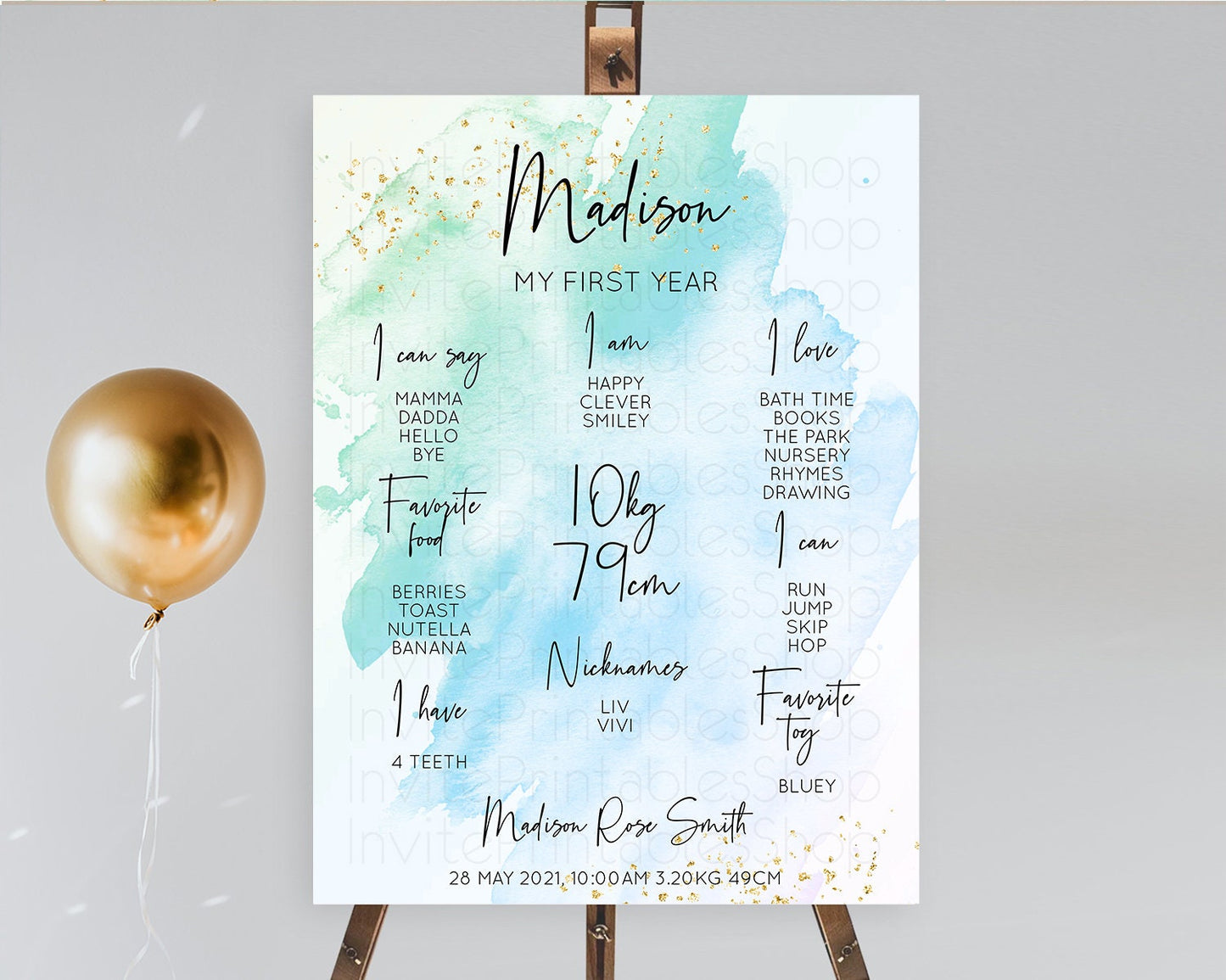 Blue First Birthday Milestone Poster Blue Watercolor Milestone Board Pastel Blue Watercolor Splash Milestone Board 1st Birthday Sign D10168