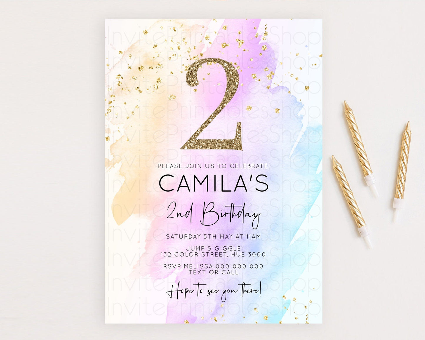 Rainbow Birthday Invitation Colorful Pastel Watercolor Invitation Gold Glitter Sprinkles Ombre Pastel 1st 2nd 3rd Birthday D10177