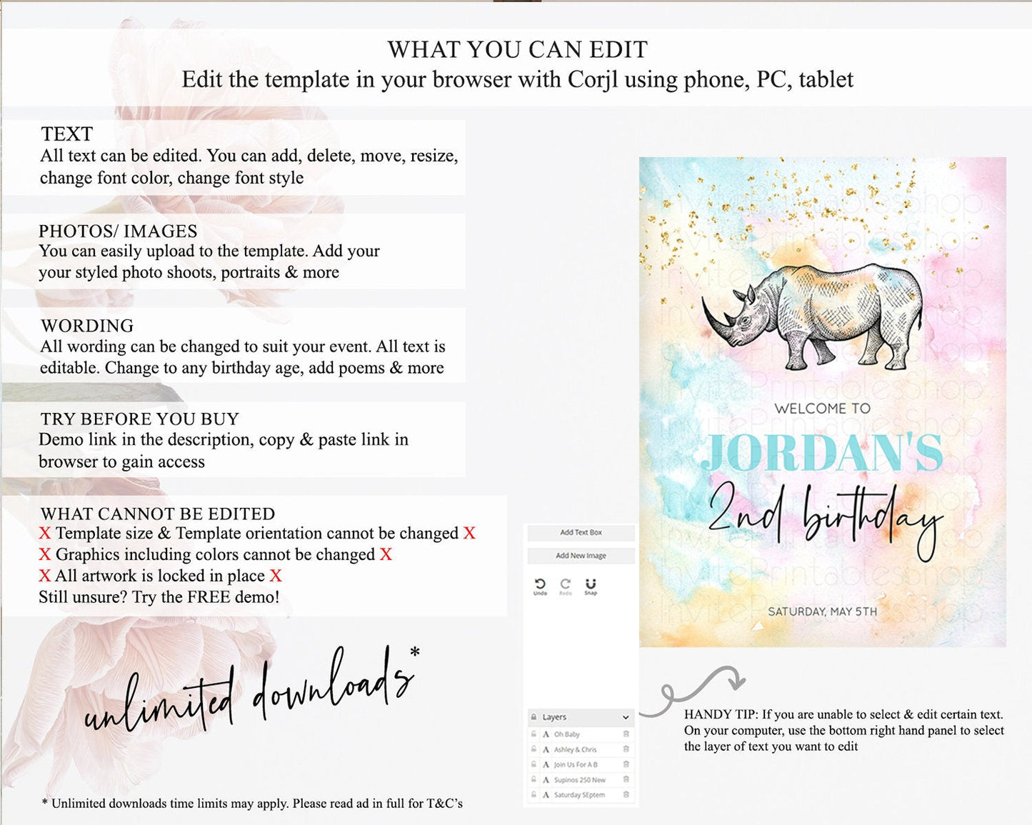 Pastel Rhino Welcome Sign Rainbow Rhino Welcome Board Colorful Rainbow Pastel Confetti Watercolor First Birthday Welcome Sign D10287