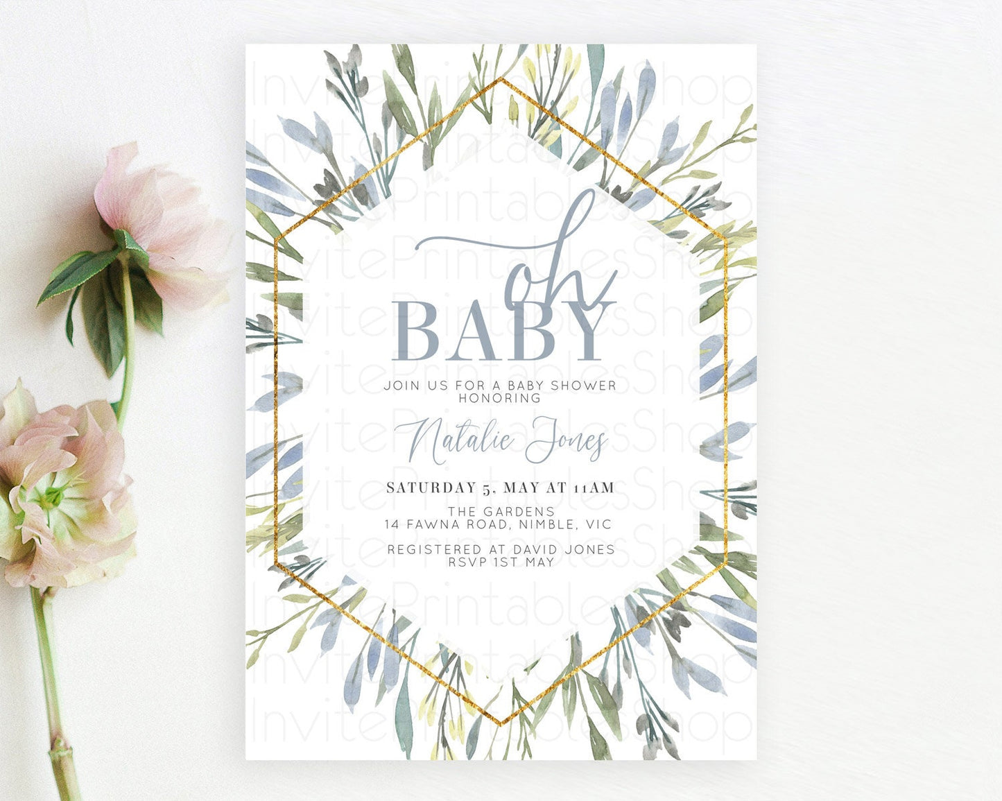 Editable Leaf Baby Shower Invitation Leafy Watercolor Invitation Simple Gree