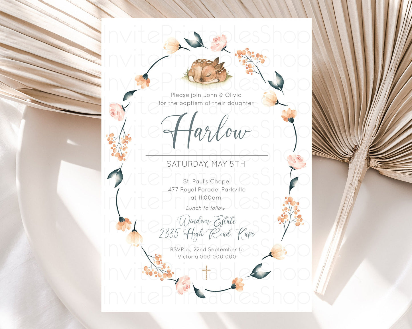 Fawn Baptism Invitation Deer Baptism 1st Birthday Invitation Enchanted Forest Christening Invitation Pastel Garden Butterfly Floral D10790