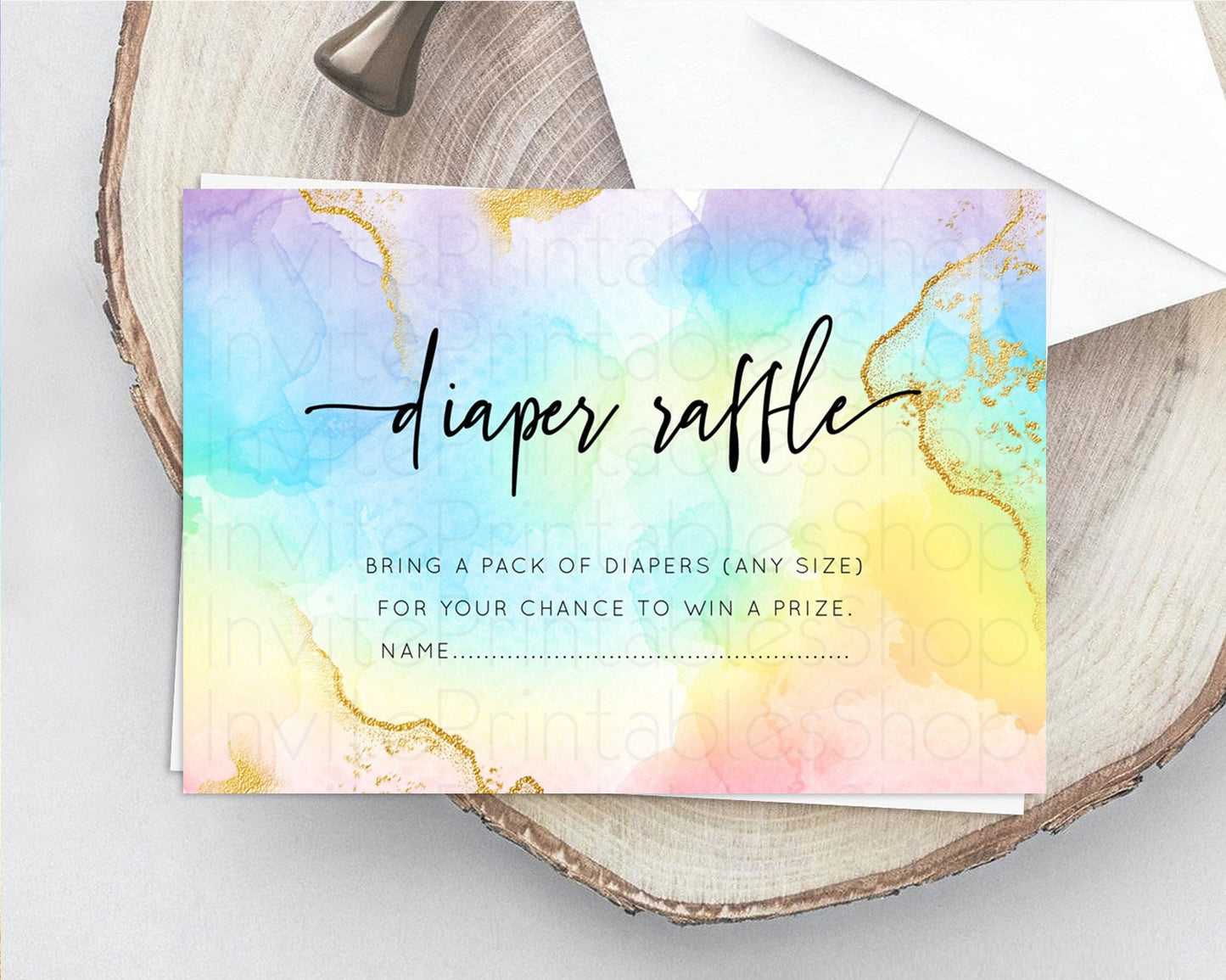 Pastel Diaper Raffle Card Pastel Rainbow Diaper Raffle Insert Colorful Ombre Watercolor Diaper Ticket Confetti Glitter Raffle Game D10588