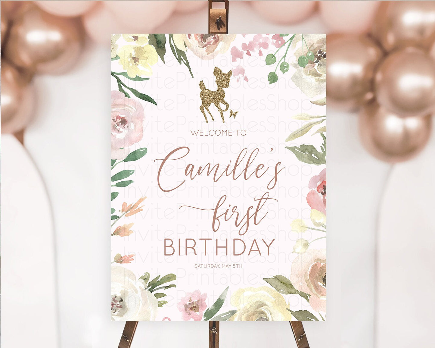 Fawn Welcome Sign Deer Welcome Board Floral Deer Welcome Poster Enchanted Forest Butterfly Pastel Floral First Birthday Welcome Sign D10193