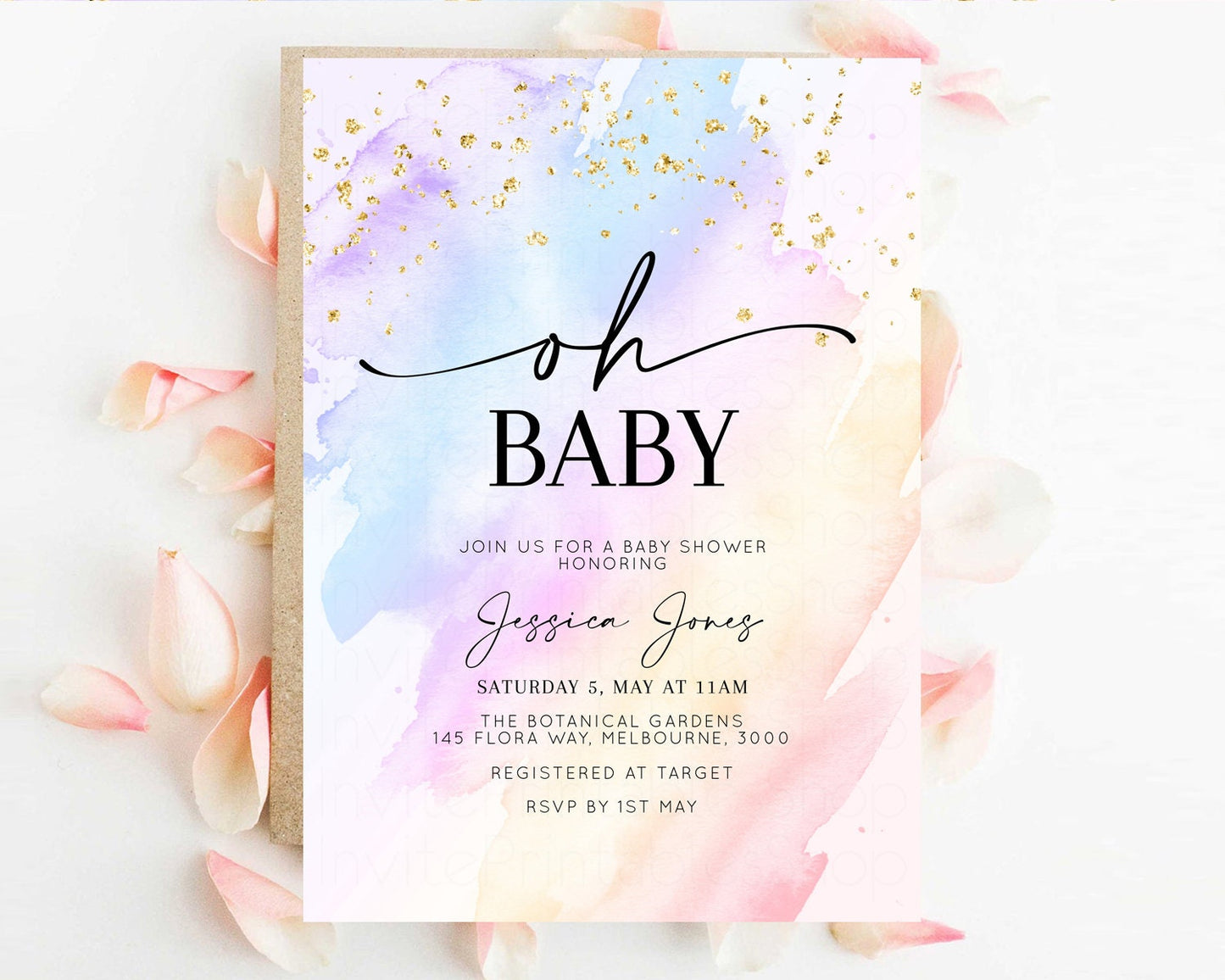 Rainbow Baby Shower Invitation Pastel Baby Shower Invitation Watercolor Ombre Invitation Rainbow Pastel Colors Invite Glitter Confetti t600