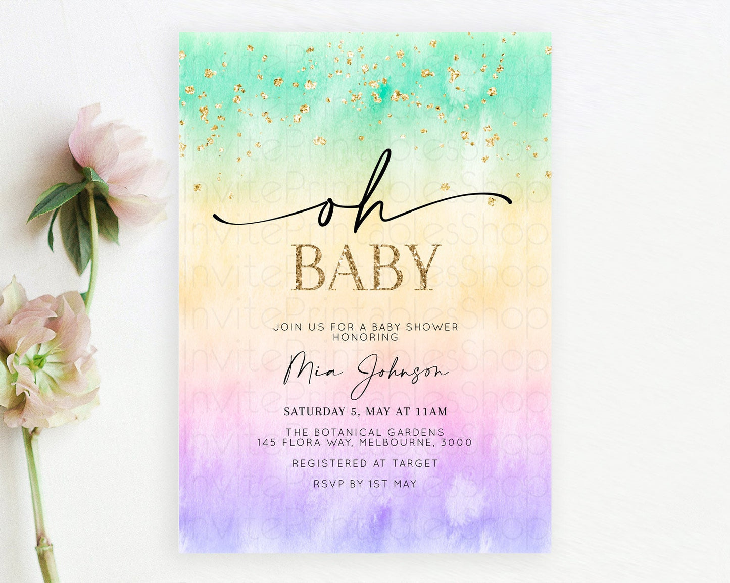 Pastel Baby Shower Invitation Rainbow Baby Shower Invitation Colorful Pastel Watercolor Invitation Gold Glitter Sprinkles Ombre D10481