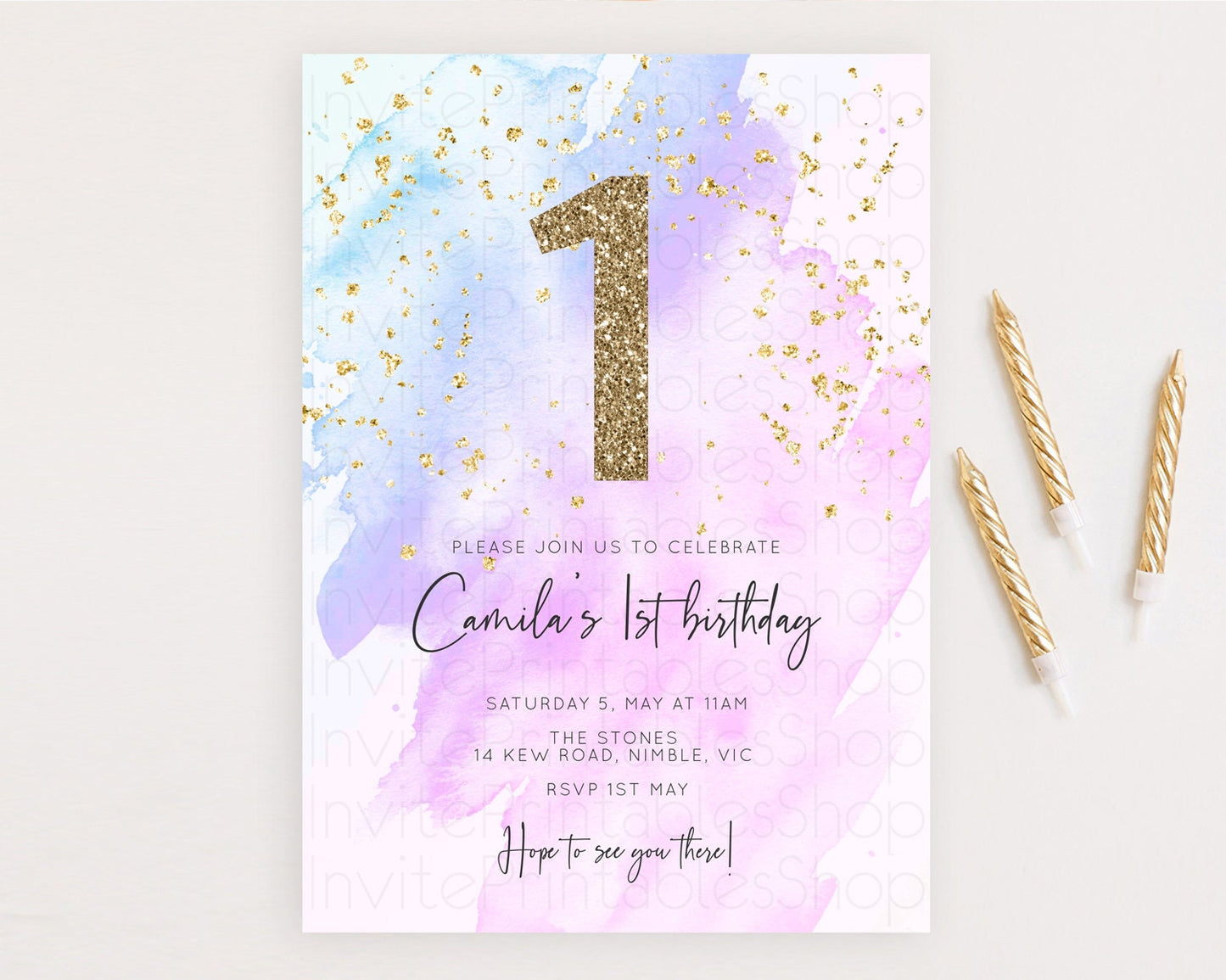 Purple Birthday Invitation Purple Watercolor Invite Pastel Purple Watercolor Invitation Purple Splash Gold Invitation First Birthday D10169