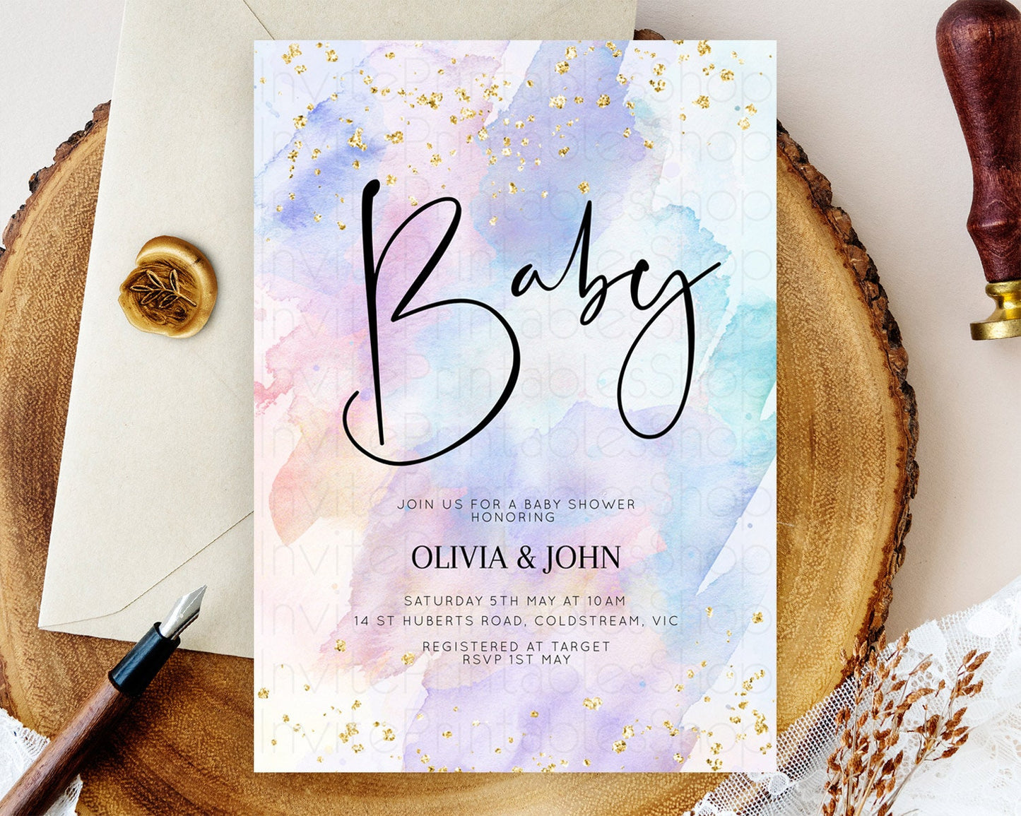 Pastel Baby Shower Invitation Rainbow Baby Shower Invitation Colorful Pastel Watercolor Invitation Gold Glitter Sprinkles Ombre D10583