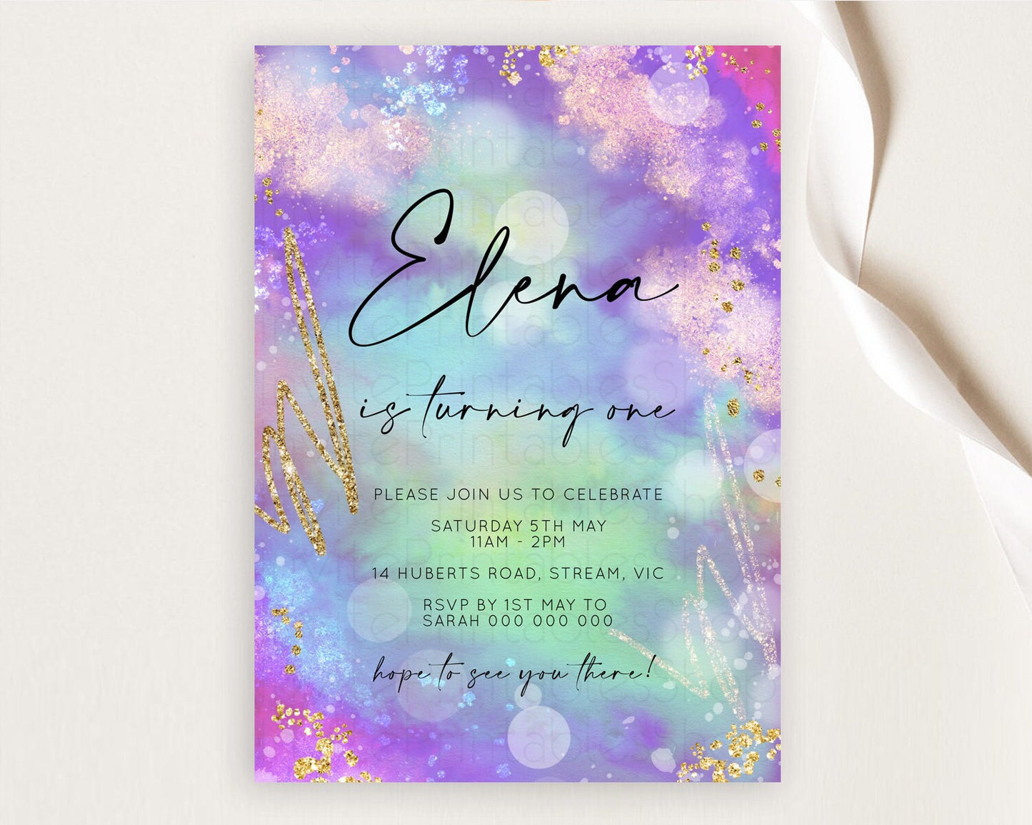 Rainbow Birthday Invitation Colorful Pastel Watercolor Invitation Gold Glitter Sprinkles Ombre Pastel 1st 2nd 3rd Birthday D10680