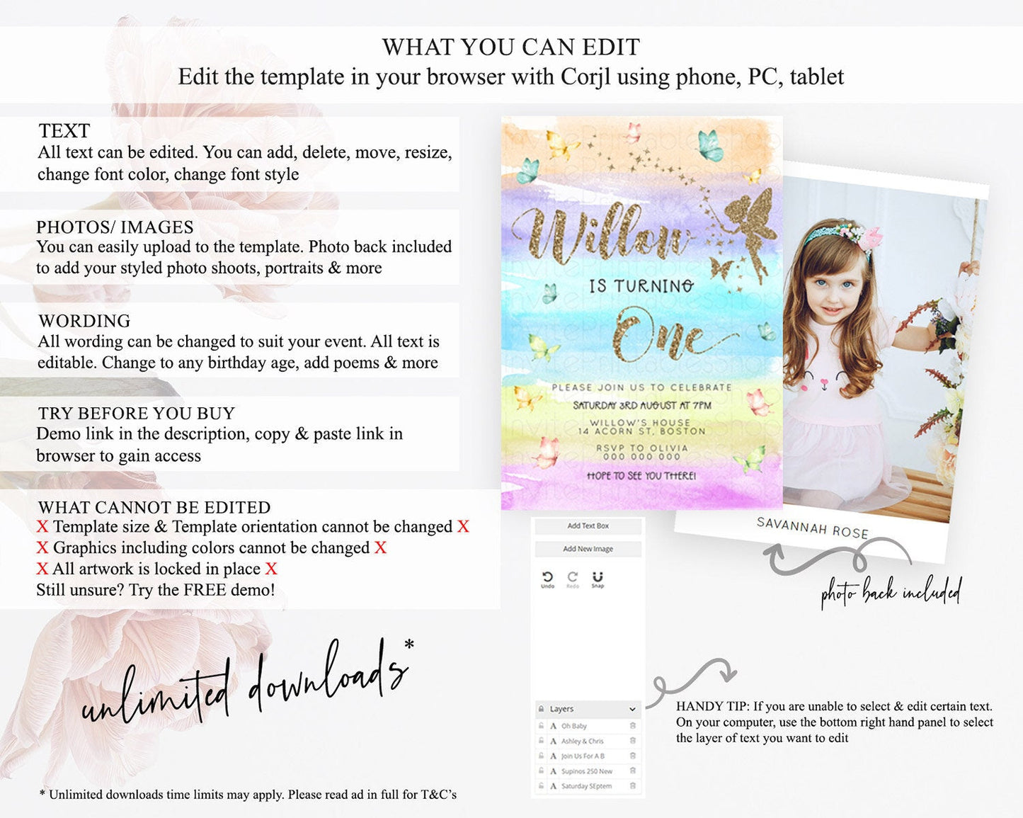 Pastel Fairy Birthday Invitation Pastel Butterflies Fairy Birthday Invitation Rainbow Ombre Watercolor 1st 2nd Birthday Invitation D23318