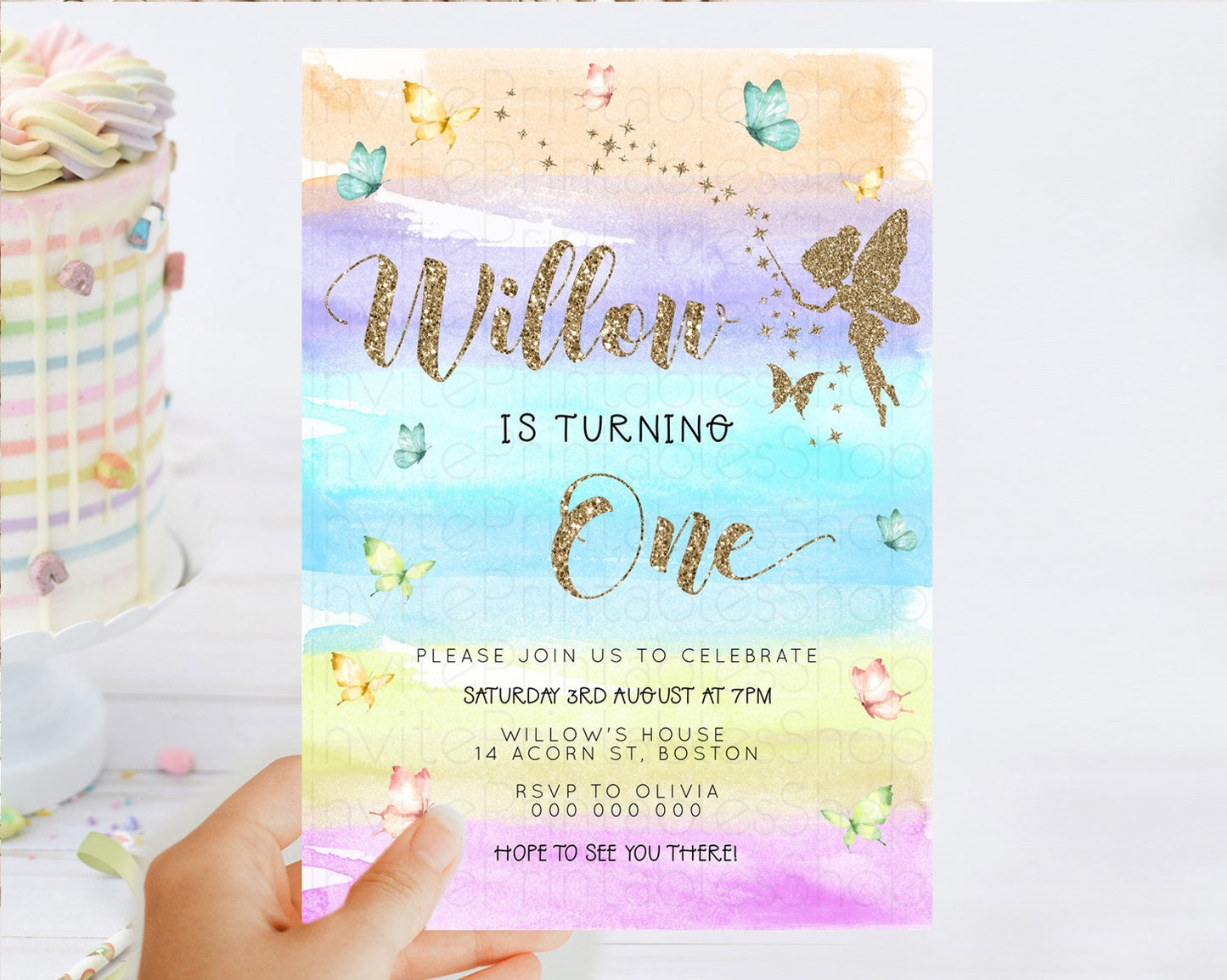 Pastel Fairy Birthday Invitation Pastel Butterflies Fairy Birthday Invitation Rainbow Ombre Watercolor 1st 2nd Birthday Invitation D23318