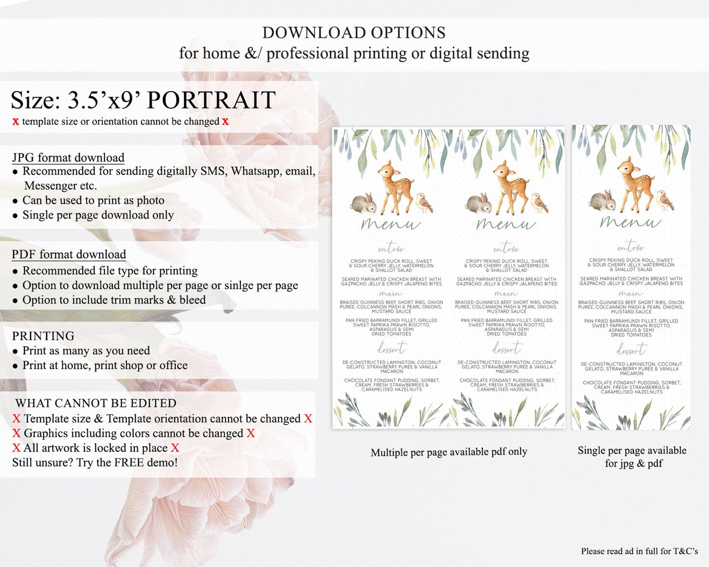 Fawn Menu Deer Menu Template Pastel Floral Deer Table Decor Enchanted Forest Butterfly Floral Dinner Dessert Menu Party Food Menu D10919