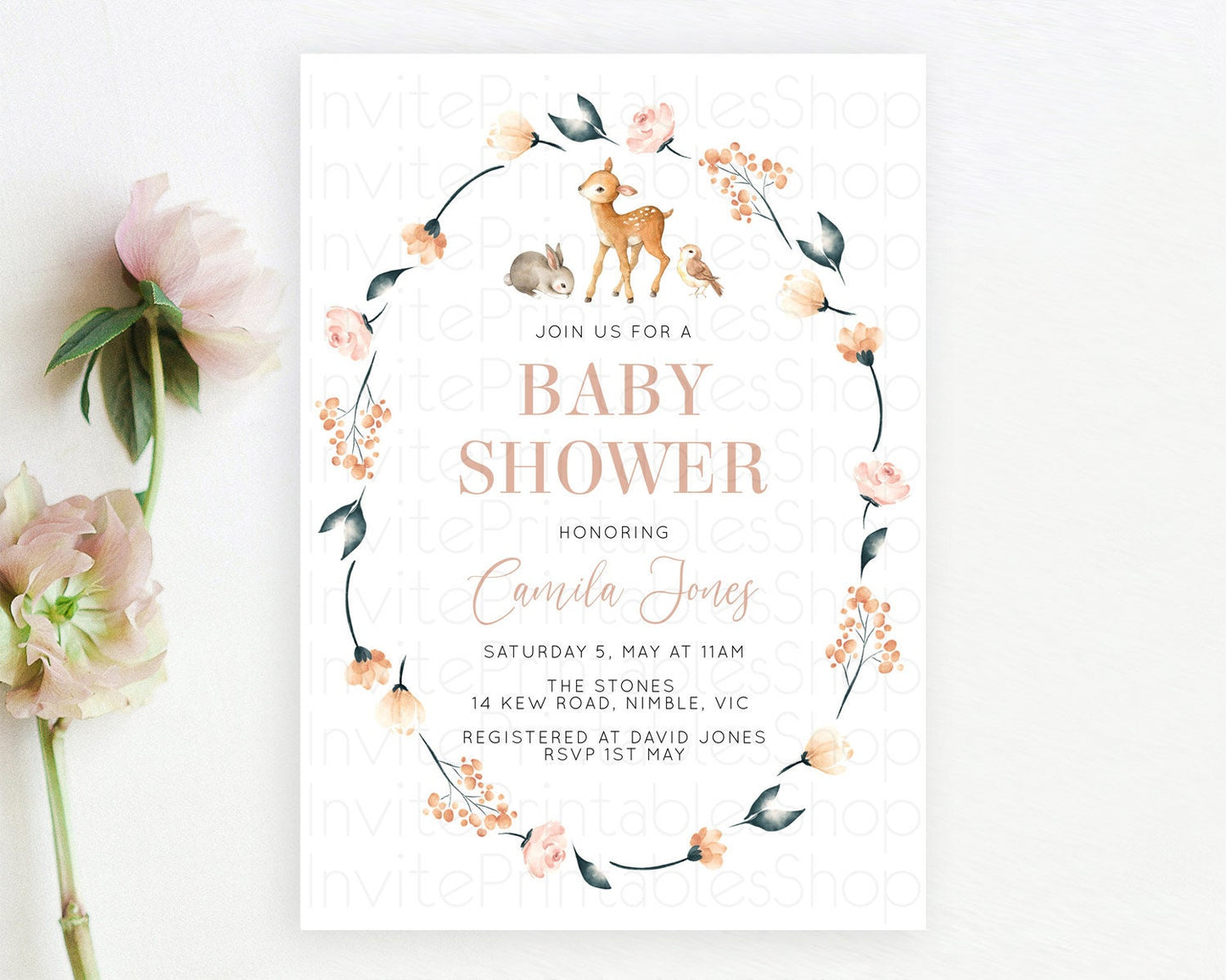 Editable Fawn Baby Shower Invitation, Enchanted Forest, Deer, Bunny, Woodlan