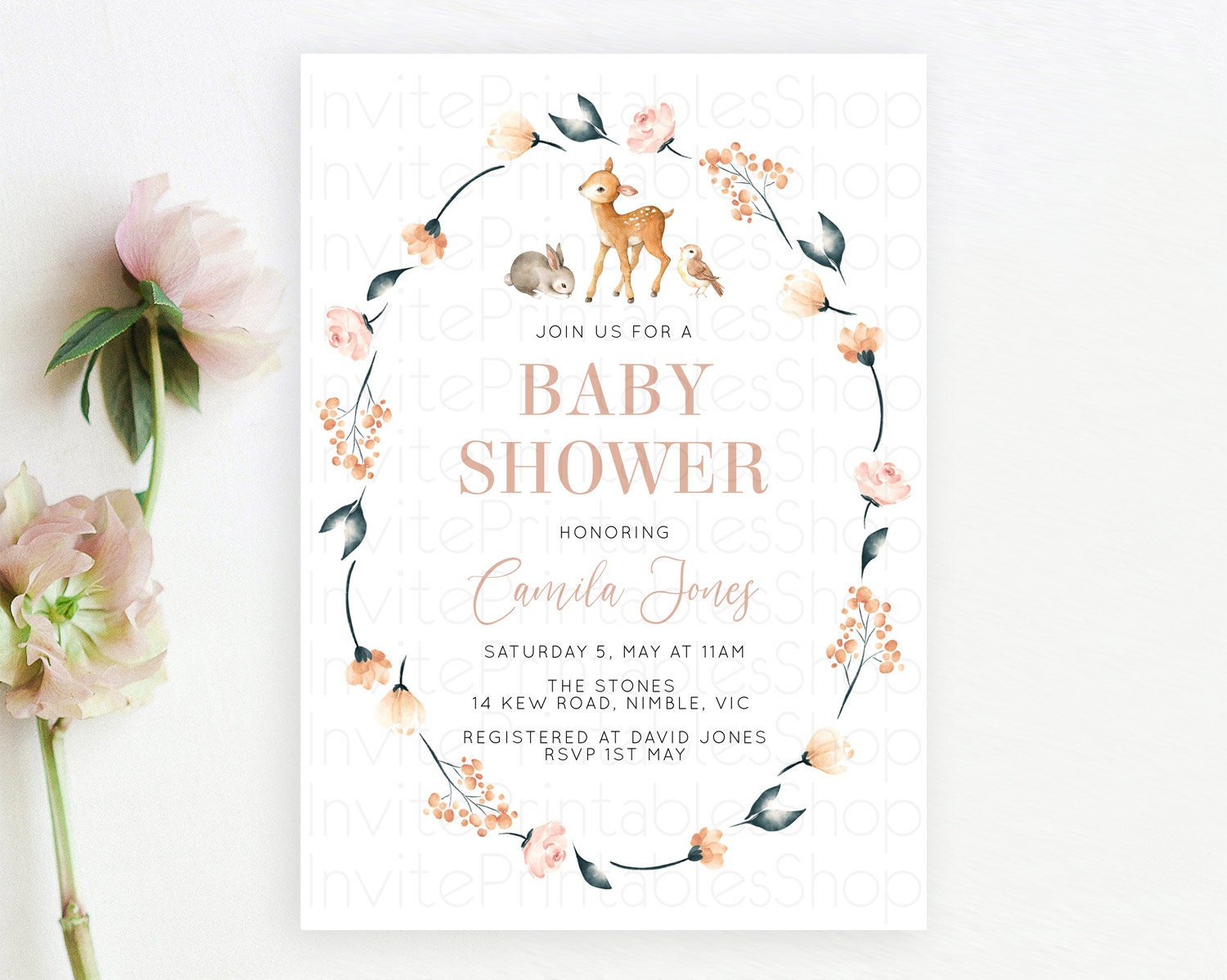 Editable Fawn Baby Shower Invitation, Enchanted Forest, Deer, Bunny, Woodlan