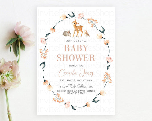 Editable Fawn Baby Shower Invitation, Enchanted Forest, Deer, Bunny, Woodlan