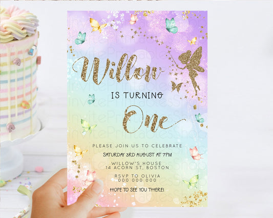 Pastel Fairy Birthday Invitation Pastel Butterflies Fairy Birthday Invitation Rainbow Ombre Watercolor 1st 2nd Birthday Invitation D23161