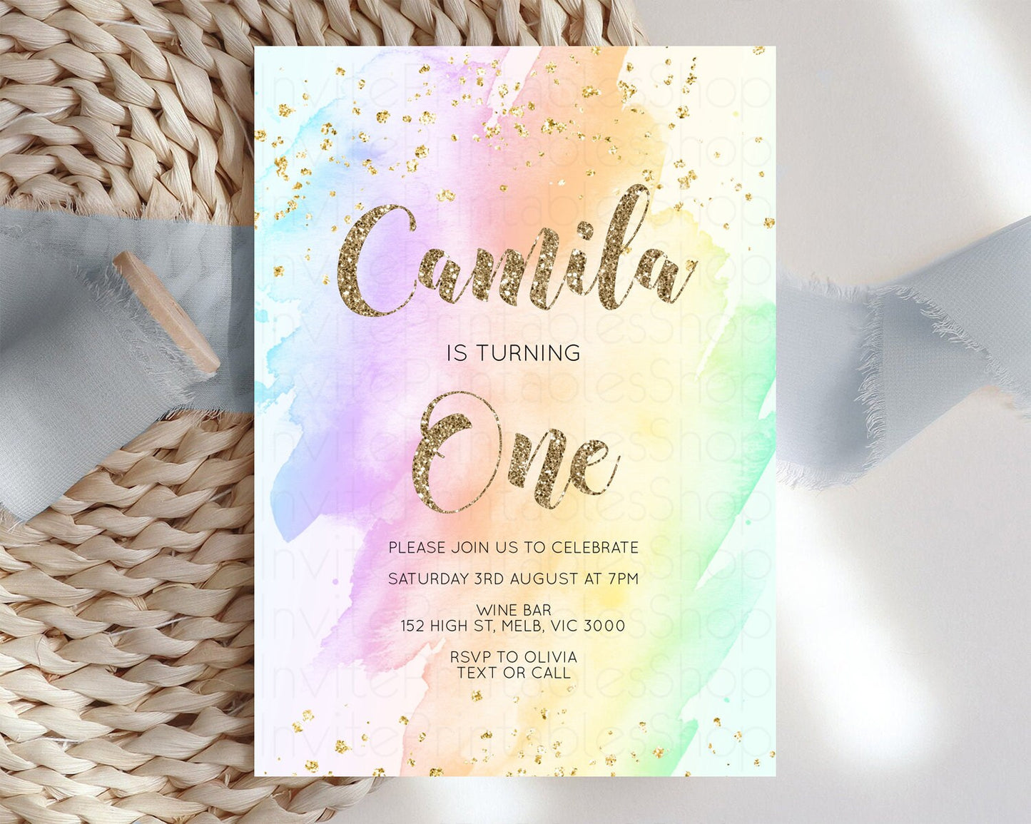 Rainbow Birthday Invitation Glitter Pastel Invitation Colorful Watercolor Gold Foil Splatter Sprinkle Ombre 1st 2nd 3rd Birthday Invite g602