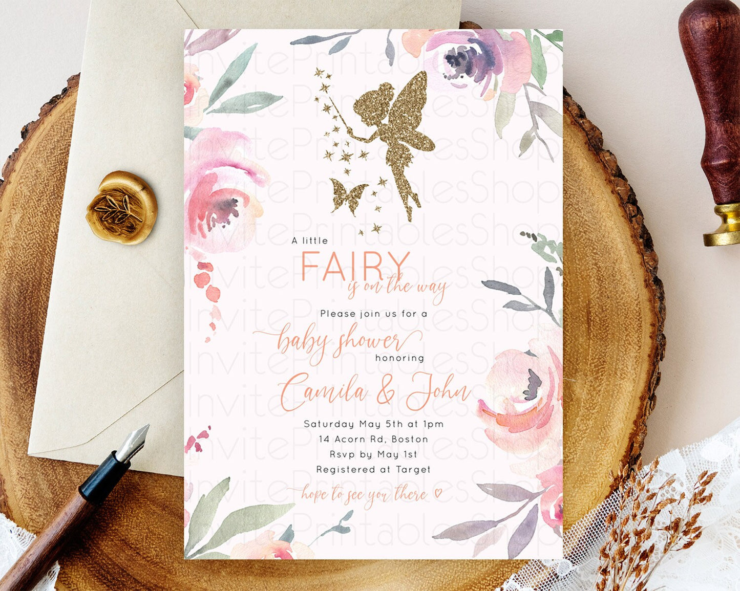 Fairy Baby Shower Invitation: Enchanted Fairy Garden, Secret Garden with Soft Purple Pink Flowers, Glitter Accents, Magical Butterfly D10197