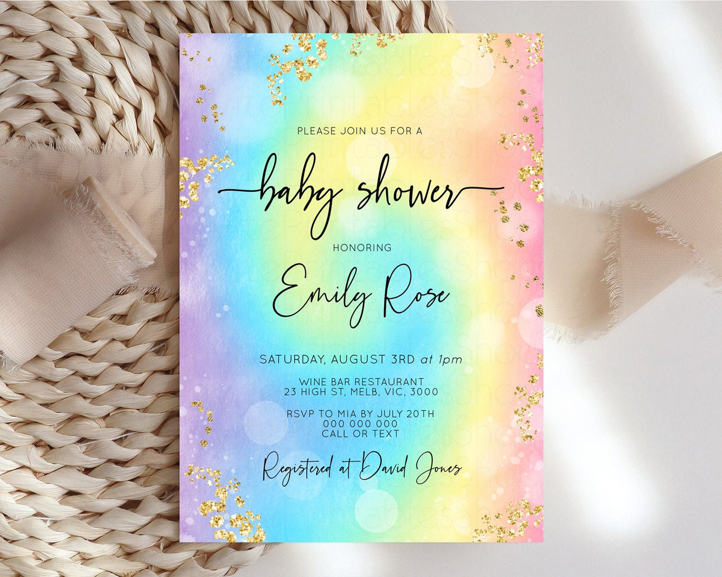 Rainbow Baby Shower Invitation Watercolor Pastel Invitation Colorful Splash Baby Invite Gold Glitter Sprinkles Ombre Gender Reveal t571