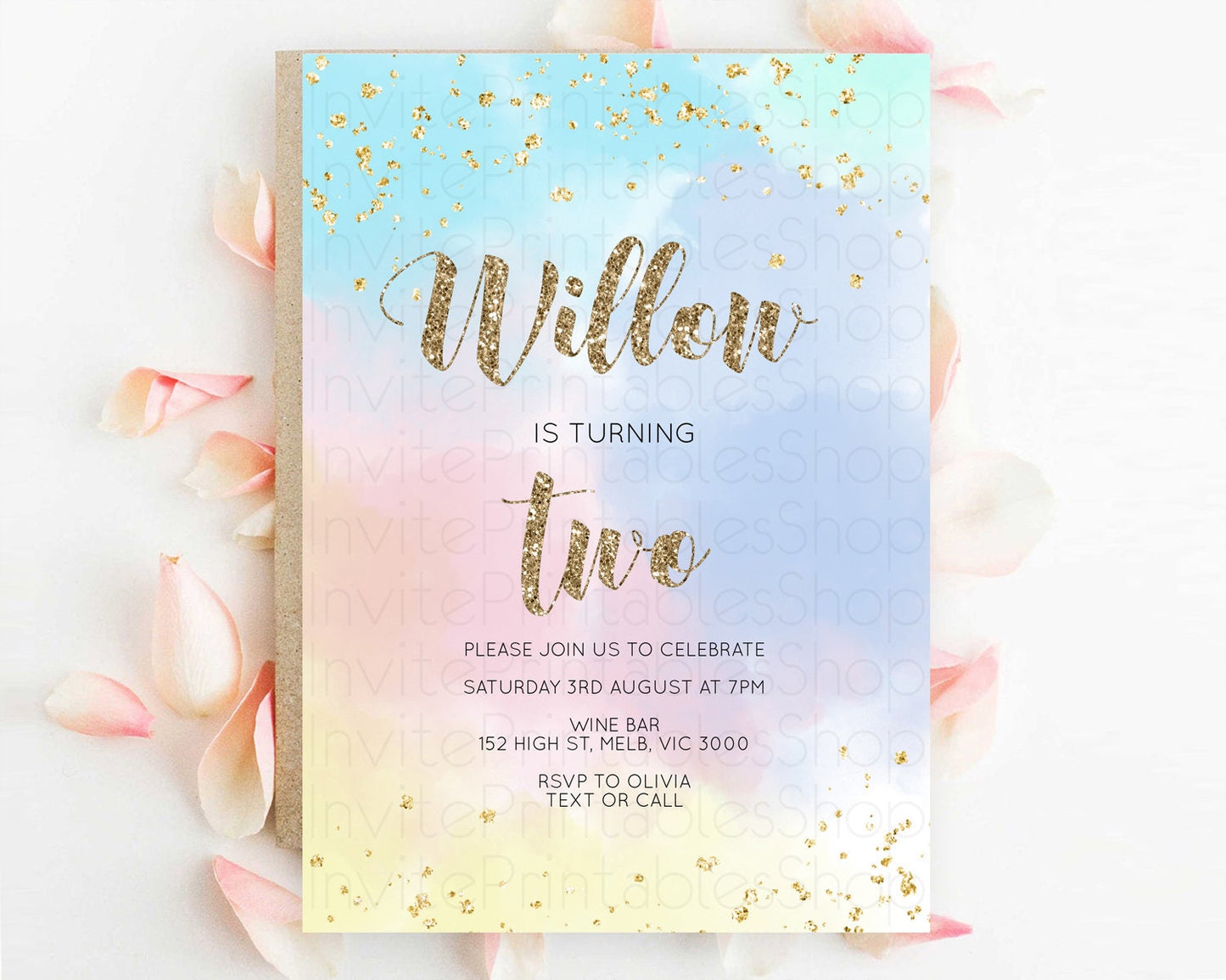 Rainbow Birthday Invitation Colorful Pastel Watercolor Invitation Gold Glitter Sprinkles Ombre Pastel 1st 2nd 3rd Birthday D10367