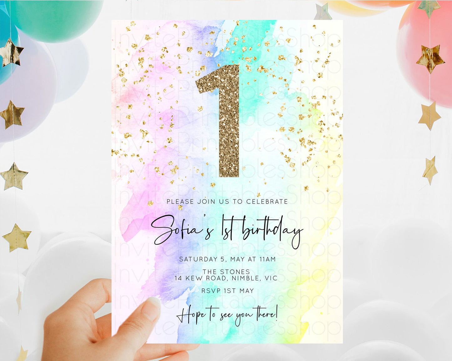 Rainbow Birthday Invitation Colorful Pastel Watercolor Invitation Gold Glitter Sprinkles Ombre Pastel 1st 2nd 3rd Birthday D10231